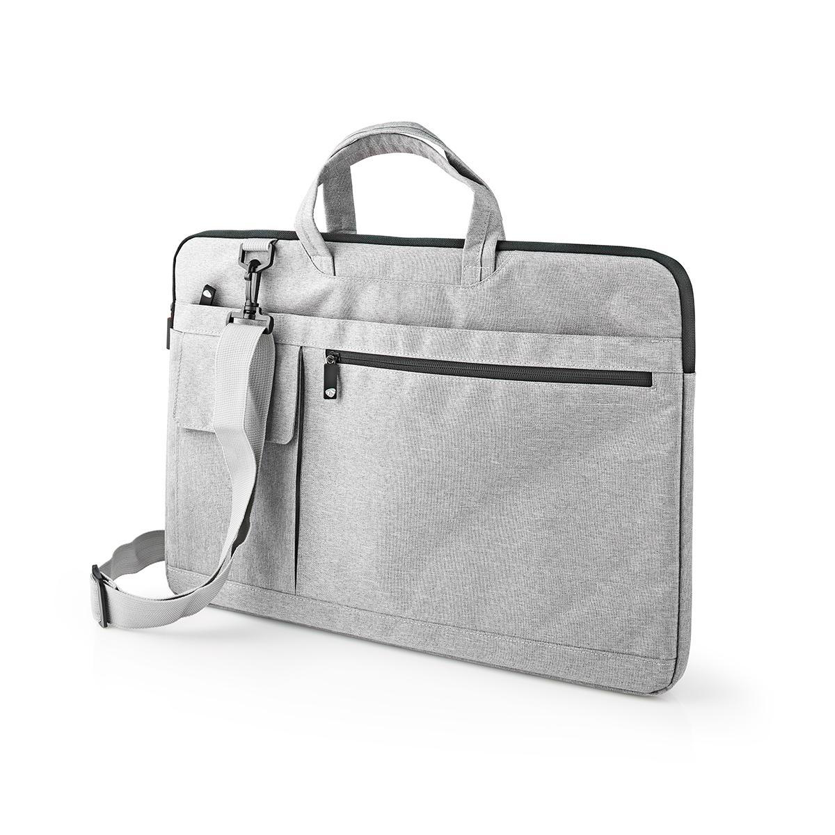 Borsa grigia per laptop con maniglia e tracolla, su sfondo bianco.