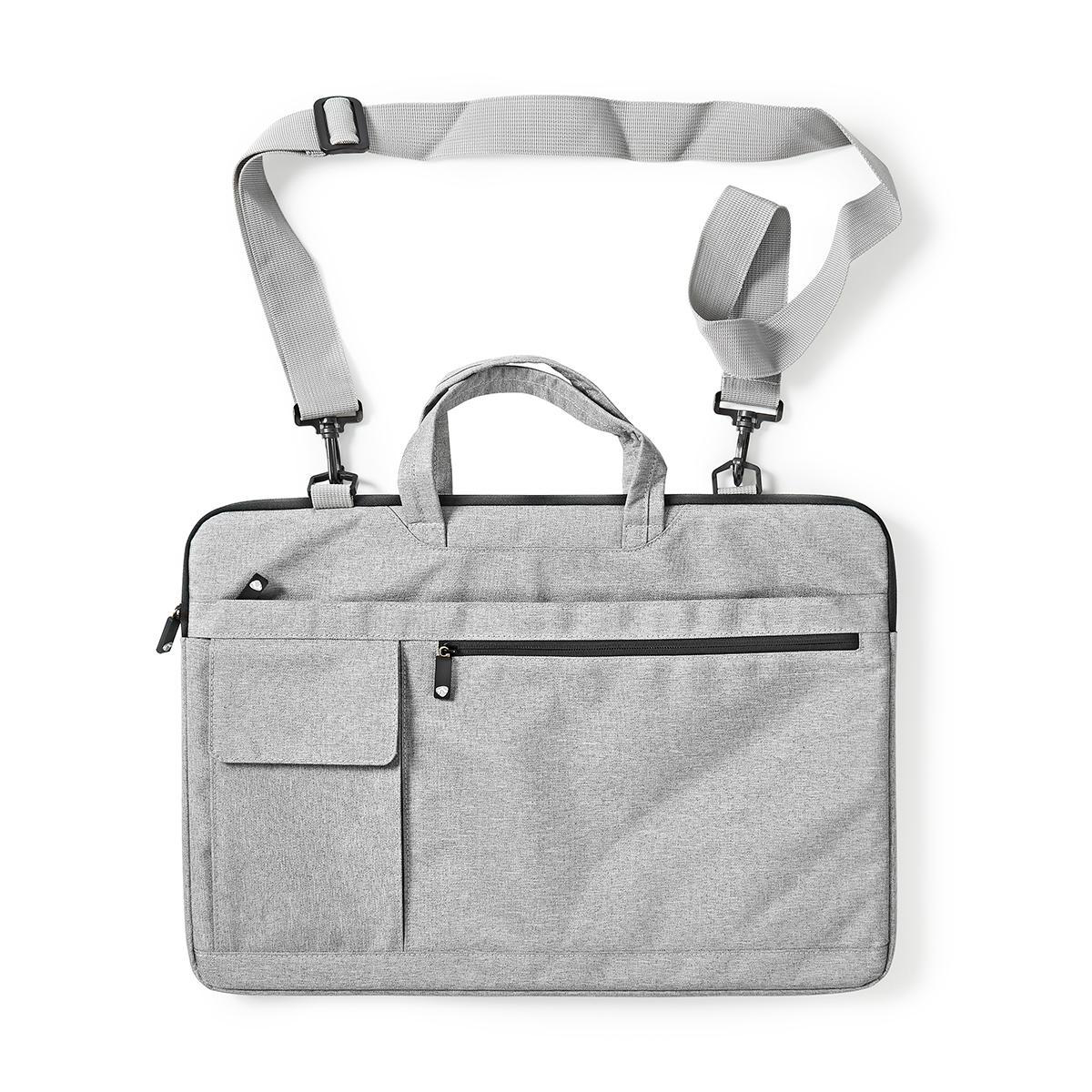Borsa grigia per laptop con cerniere nere, tracolla e tasca.