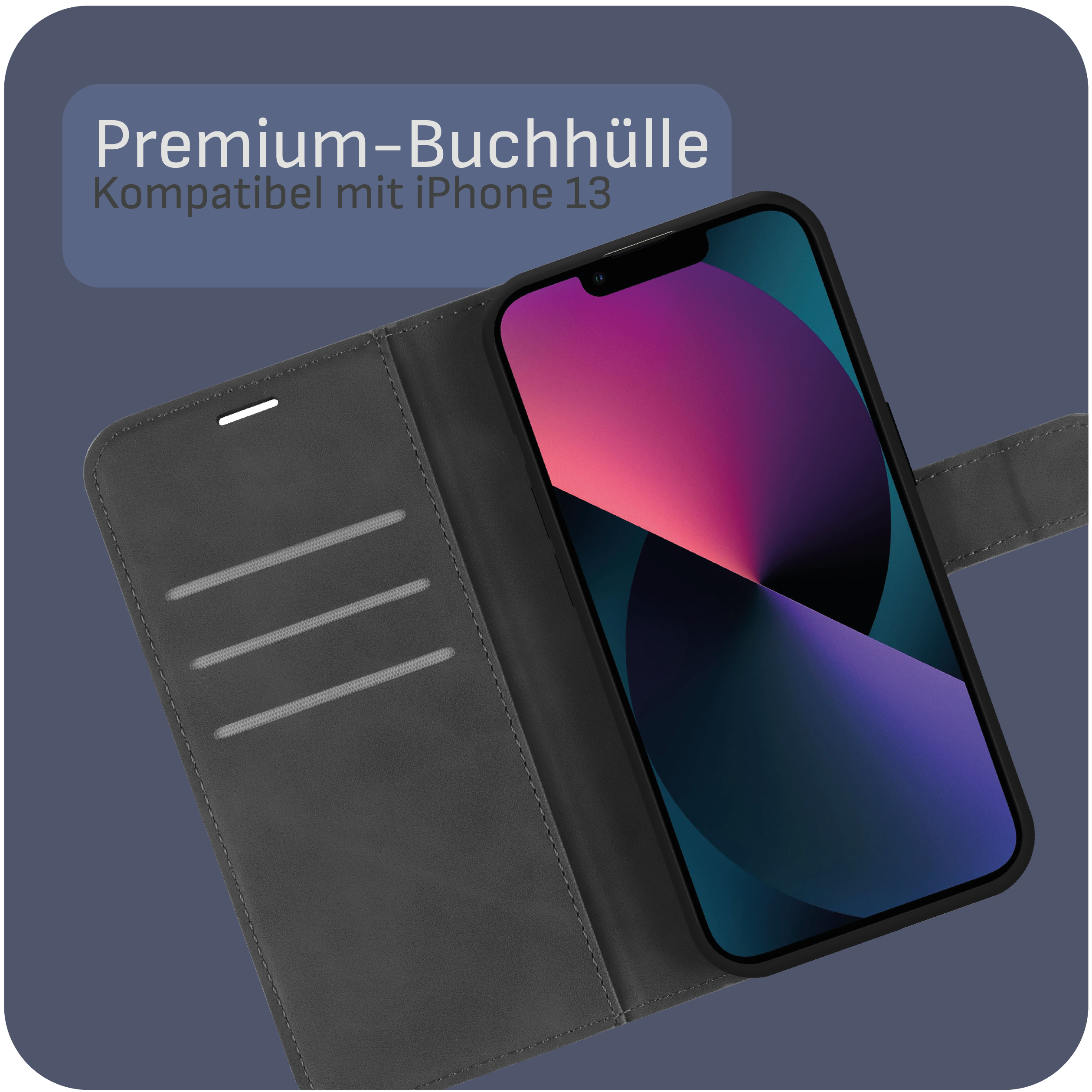 Offene Handyhülle mit schwarzem Telefon, Text: Premium-Buchhülle.