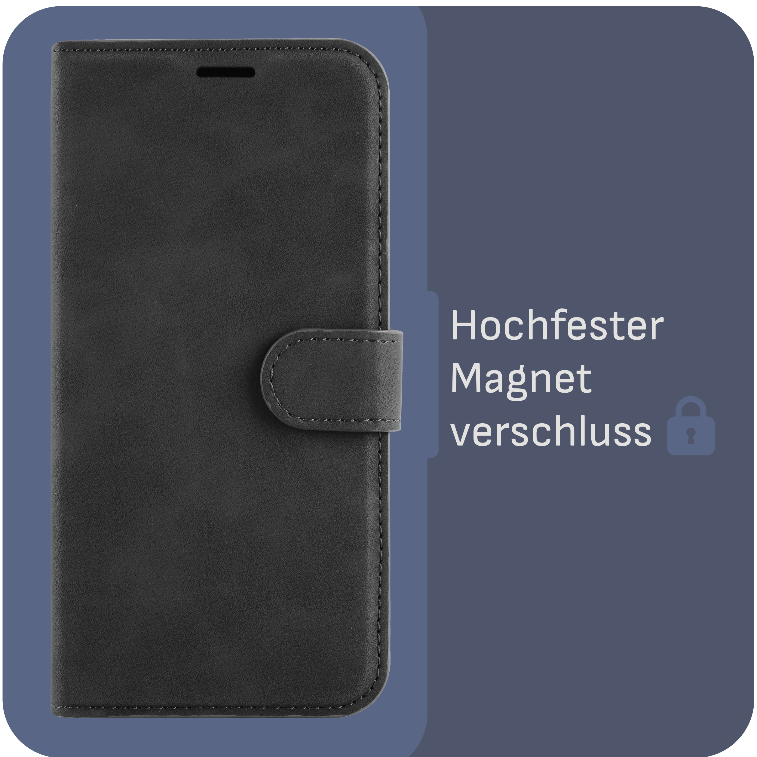 Schwarze Handyhülle mit Magnetverschluss auf dunkelblauem Hintergrund.