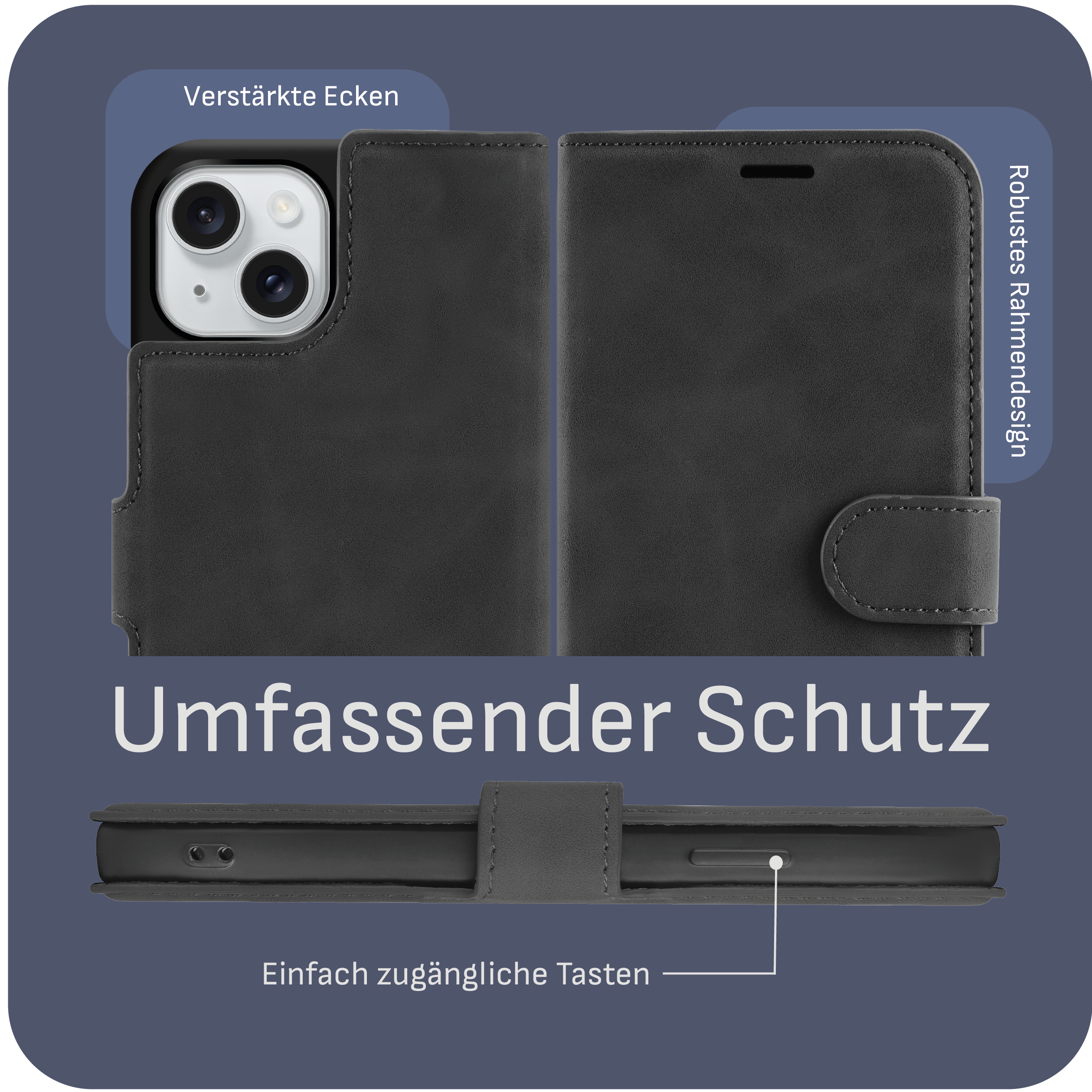 Schwarze Handyhülle mit Telefon. Text: Umfassender Schutz und leicht zugängliche Tasten.