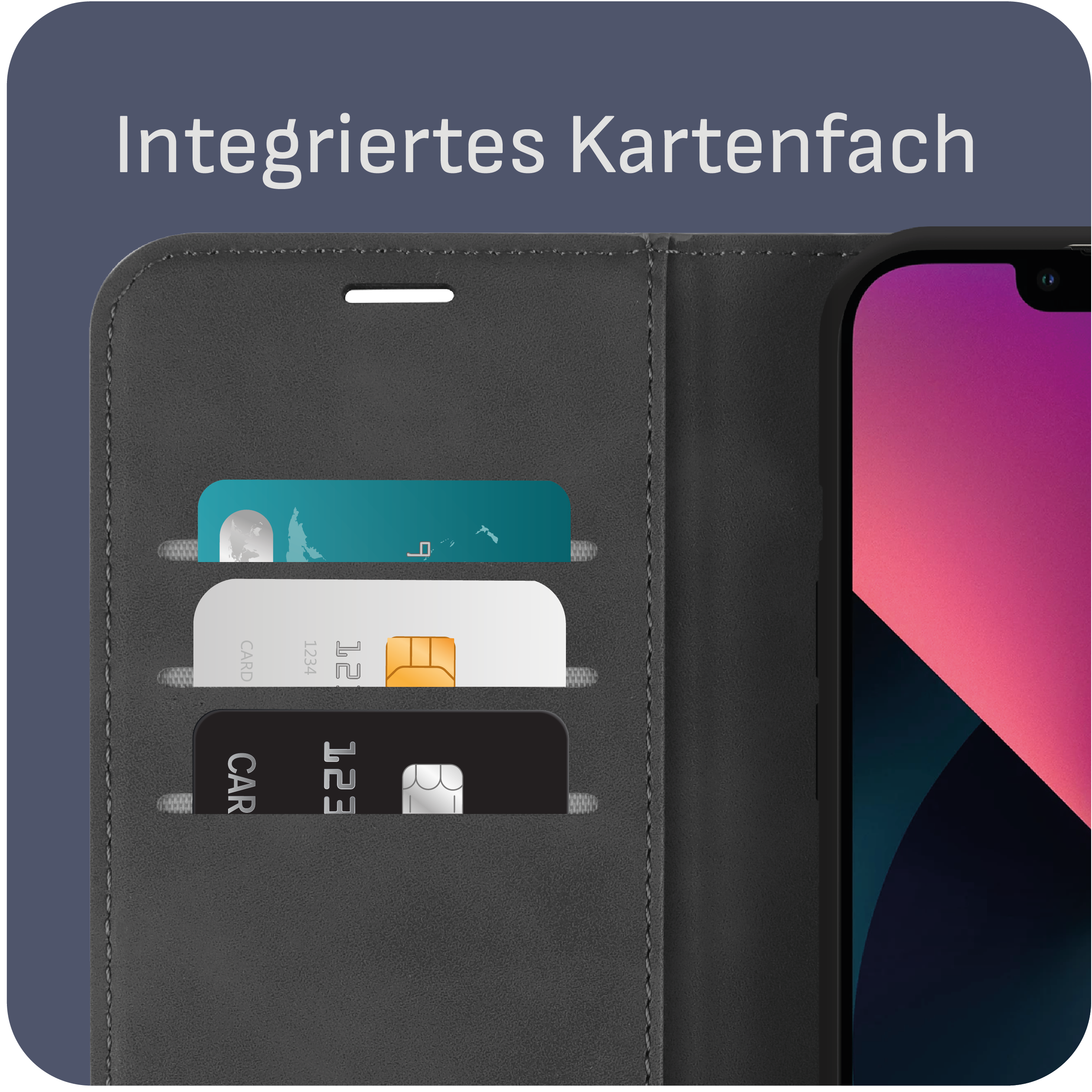 Handyhülle mit Kartenfächern. Drei Karten sind in den Fächern sichtbar. Text: 'Integriertes Kartenfach'.