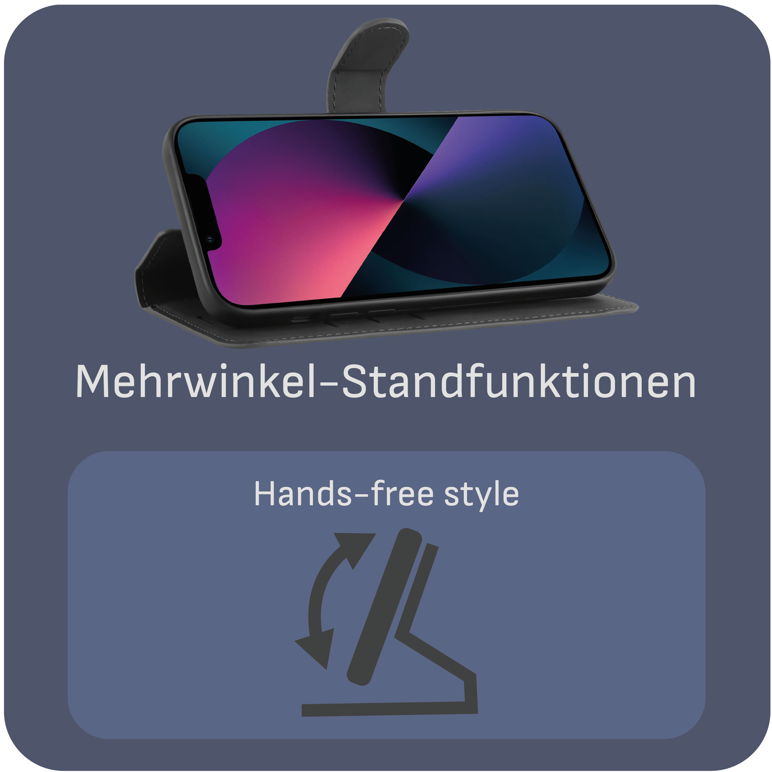 Ein Telefon in einer schwarzen Hülle, geöffnet, Bildschirm zeigend. Text: Mehrwinkel-Standfunktionen, Hands-free style.