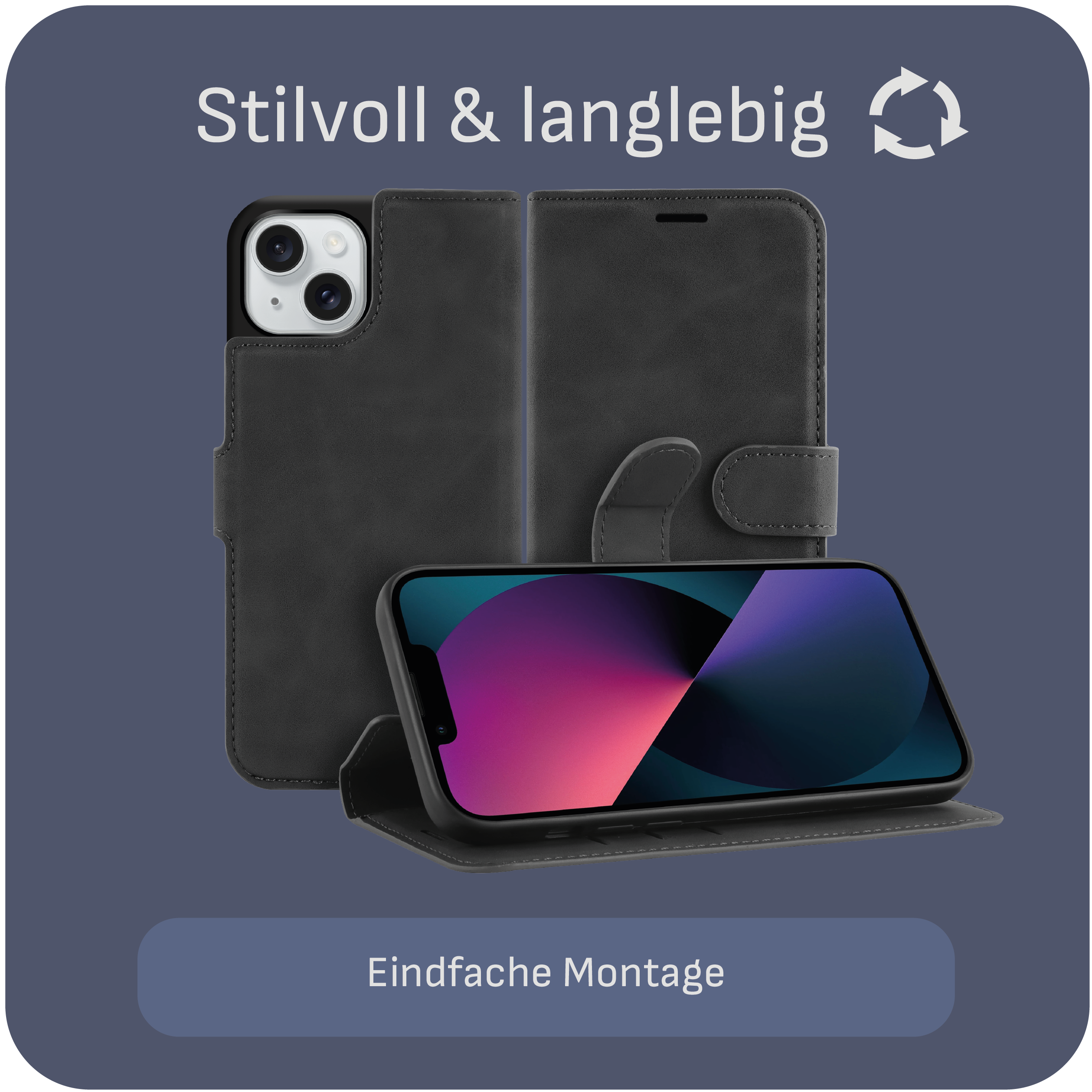 Schwarze Handyhülle offen, Handy zeigend. Text: Stilvoll & langlebig, Einfache Montage.