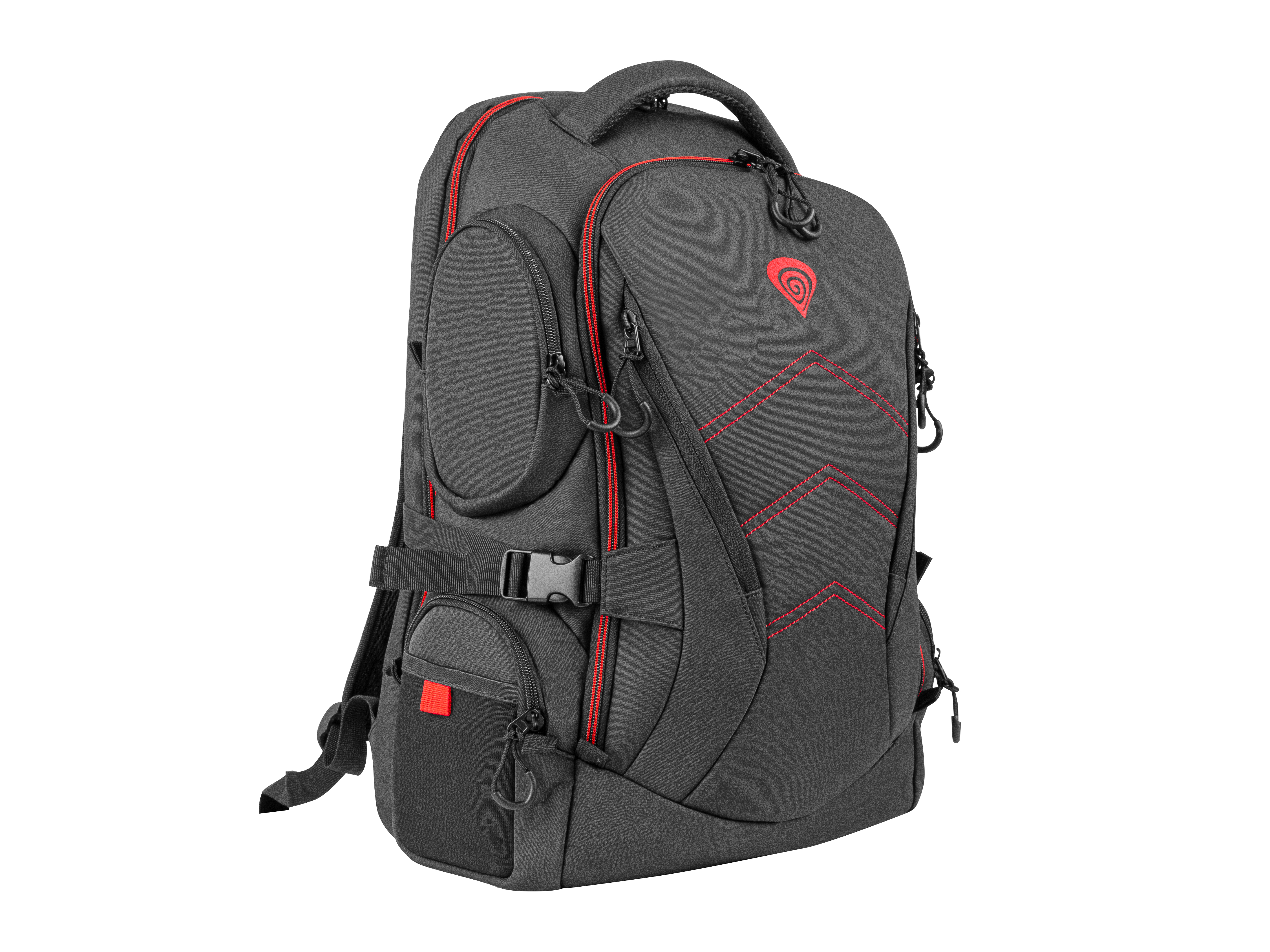 Uno zaino nero e rosso con scomparti multipli e sfondo bianco.