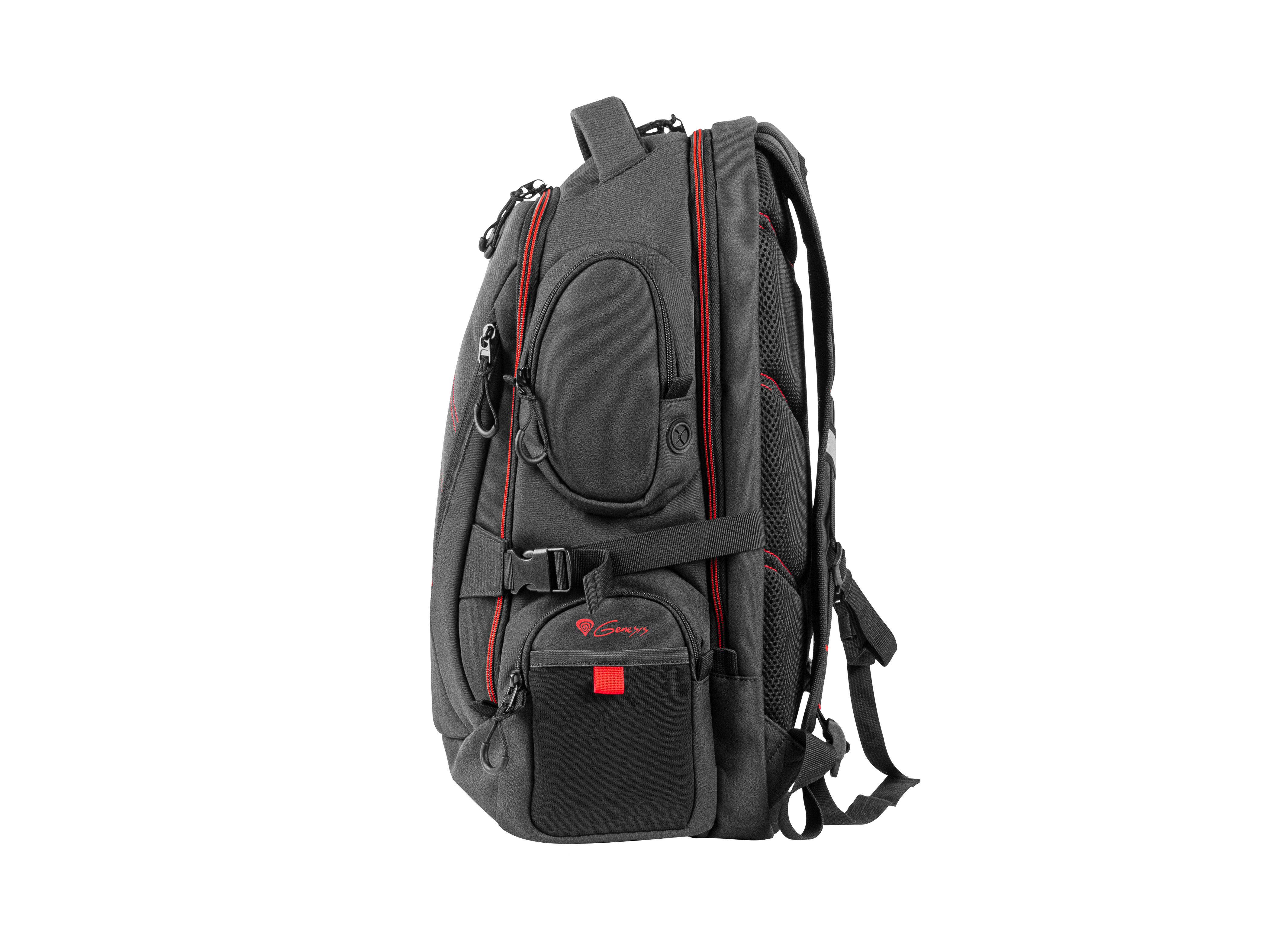 Zaino Genesis nero con dettagli rossi, diverse tasche e vista laterale.