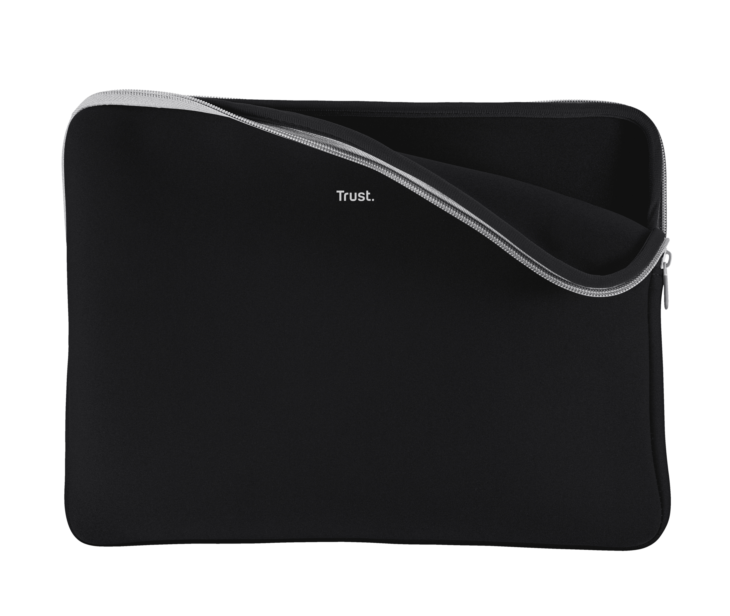 Zwarte laptoptas met het woord 'Trust.' op de voorkant, ritssluiting is open.