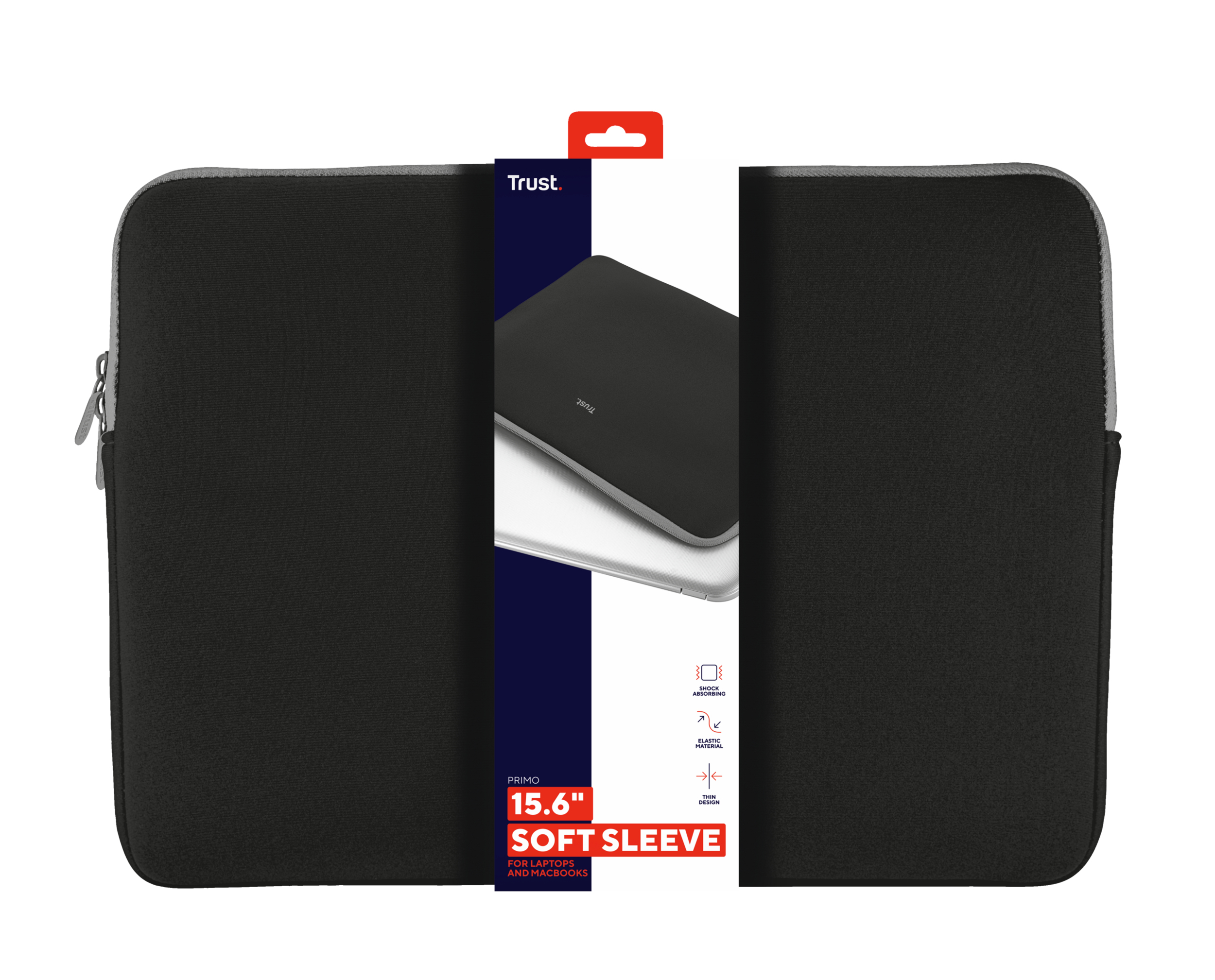 Zwarte laptoptas met een Trust-label op de voorkant. Met een ritssluiting en een witte achtergrond.