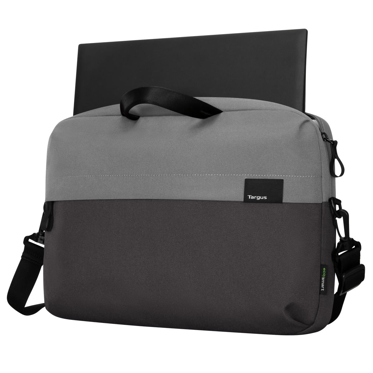 Borsa per laptop grigia e nera con un laptop all'interno. Manico nero e tracolla. Logo Targus visibile.