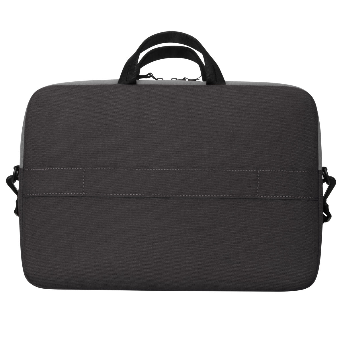 Borsa per laptop nera con manico e tracolla, dettaglio grigio e un logo.
