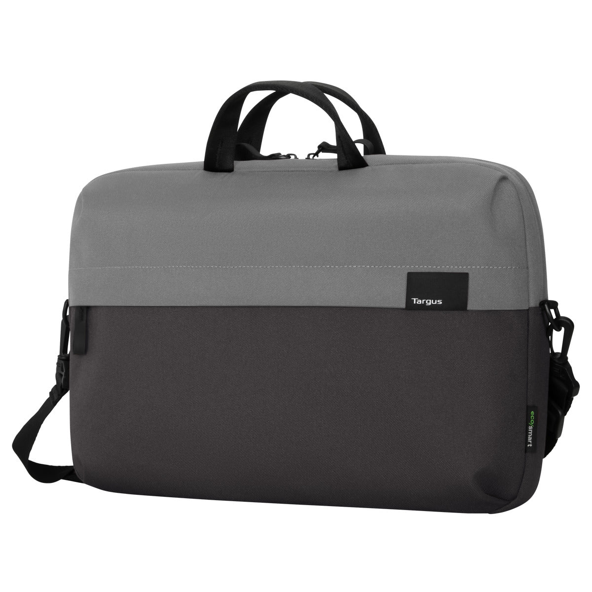 Una borsa per laptop Targus grigia e nera con manico e tracolla. Il marchio è visibile.