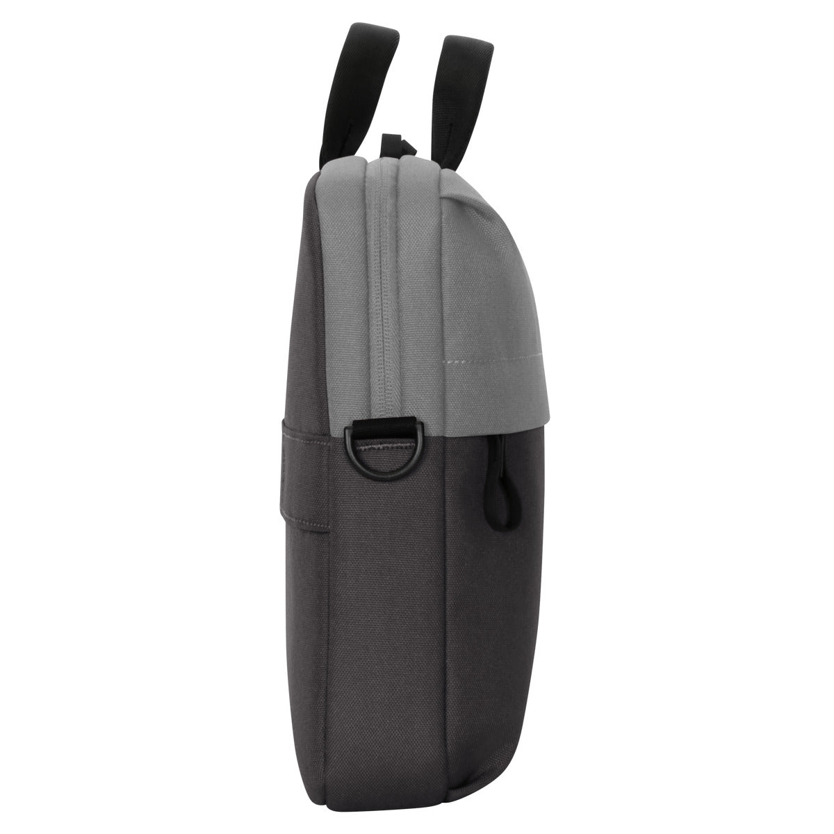 Vista laterale di una borsa per laptop bicolore, parte superiore grigia e inferiore grigio scuro. Cerniera e tasca.