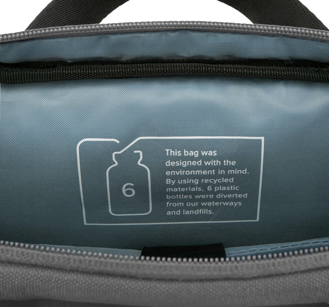 All'interno di una borsa grigia, un testo indica che è progettata con materiali riciclati, utilizzando 6 bottiglie di plastica.
