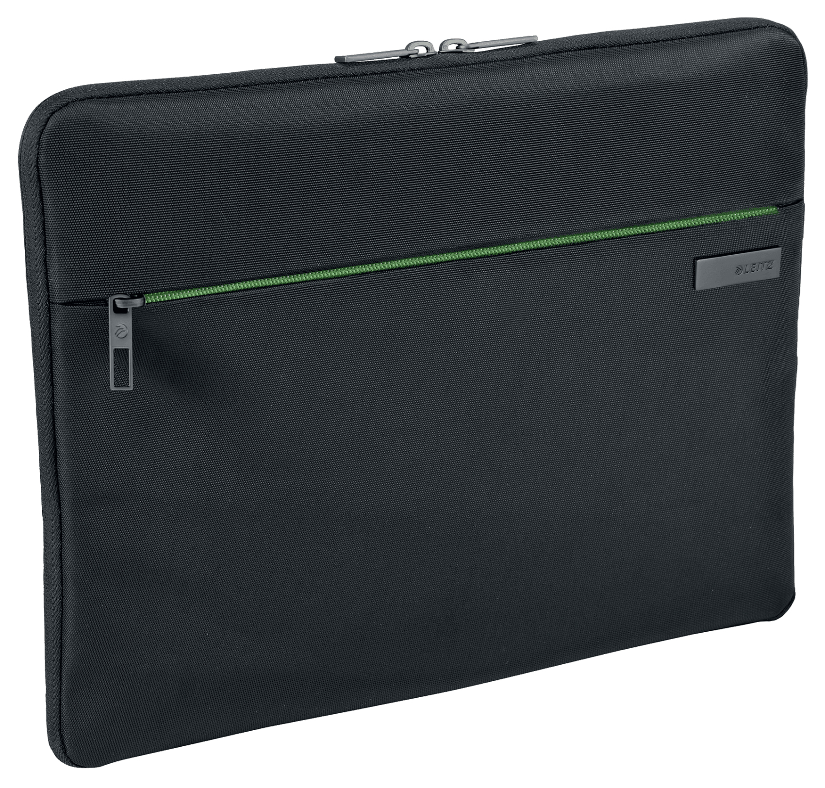 Custodia per laptop Leitz nera con cerniera verde. Isolato su sfondo bianco.