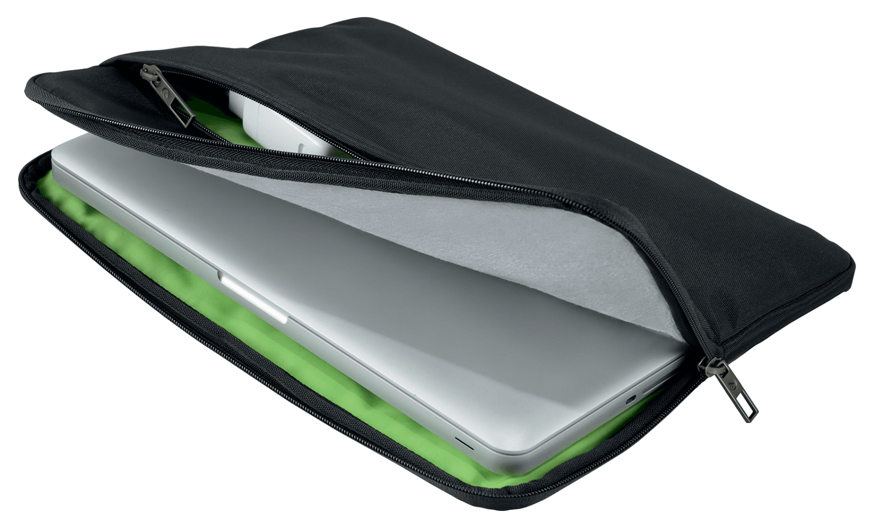 Laptop nero in custodia nera con interno verde, cerniera, sfondo bianco.