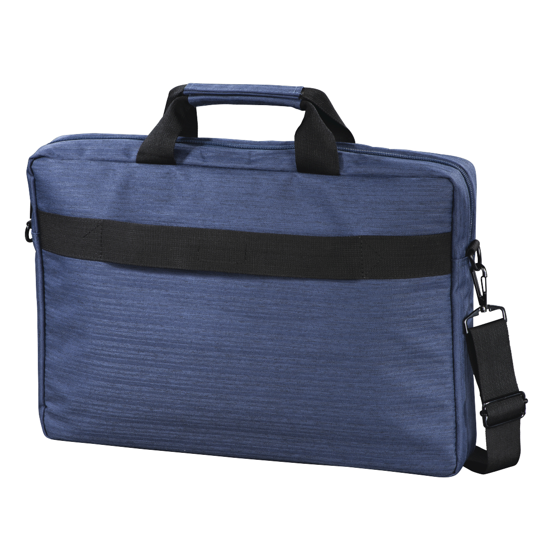 Blaue Tasche mit schwarzen Trägern. Der Hintergrund ist weiß. Schwarzer Griff oben.
