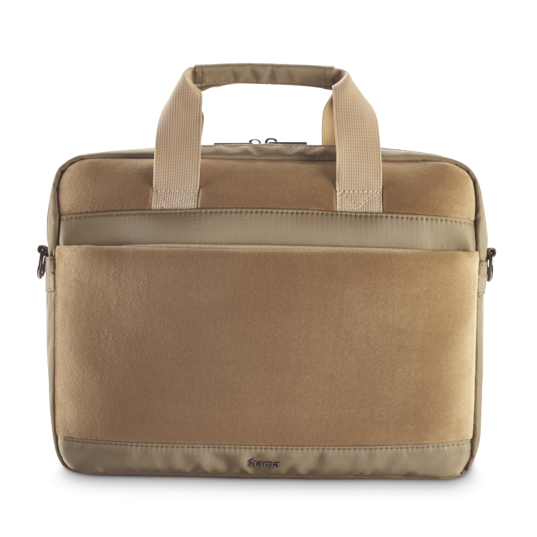 Eine braune Laptoptasche mit Griffen, einer Vordertasche und einem Schulterriemenanschluss.