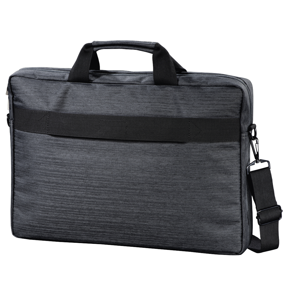 Dunkelgraue Laptoptasche mit schwarzem Schultergurt, Griff.
