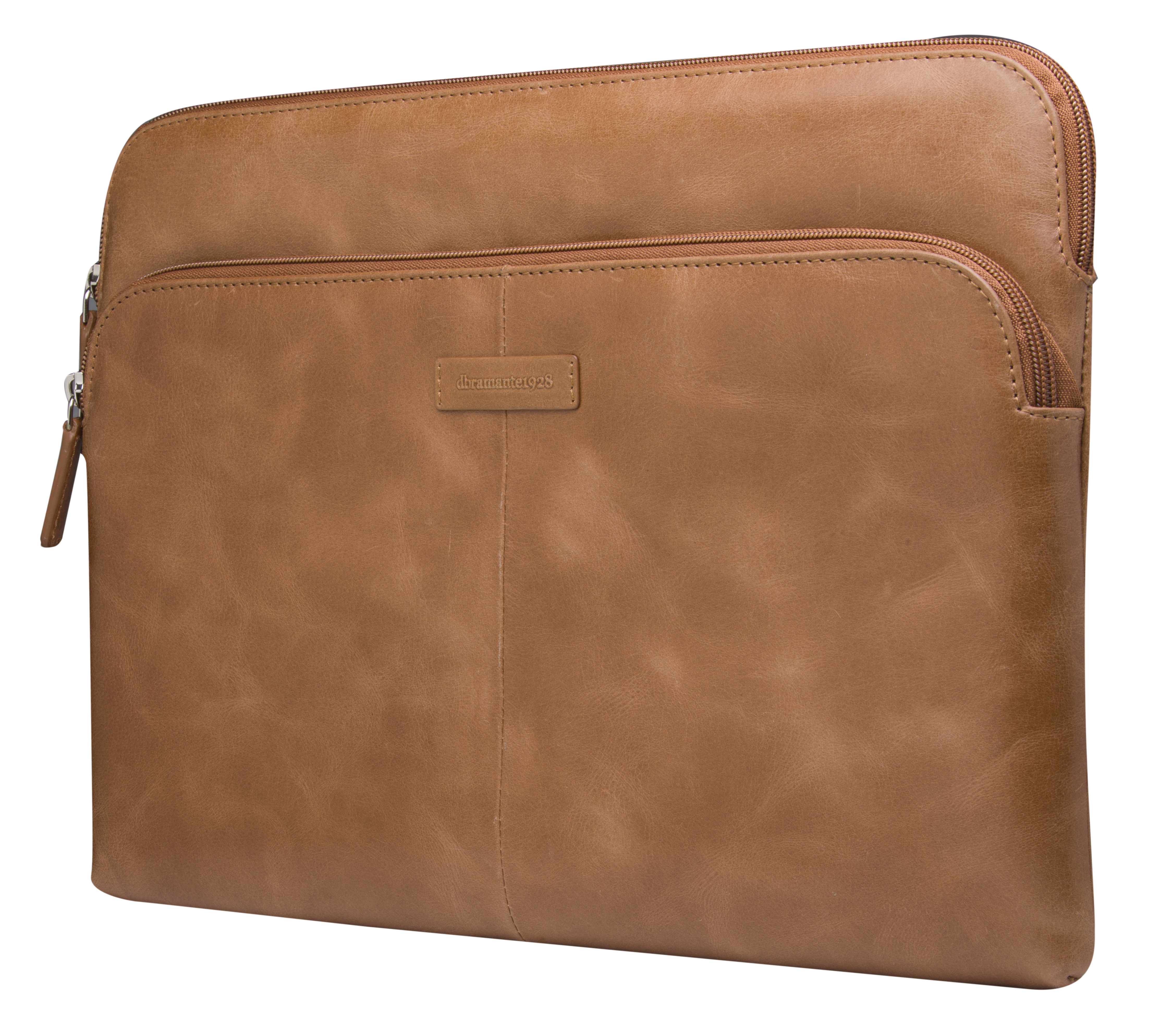 Custodia per laptop in pelle marrone con cerniera. Il marchio è sulla parte anteriore.