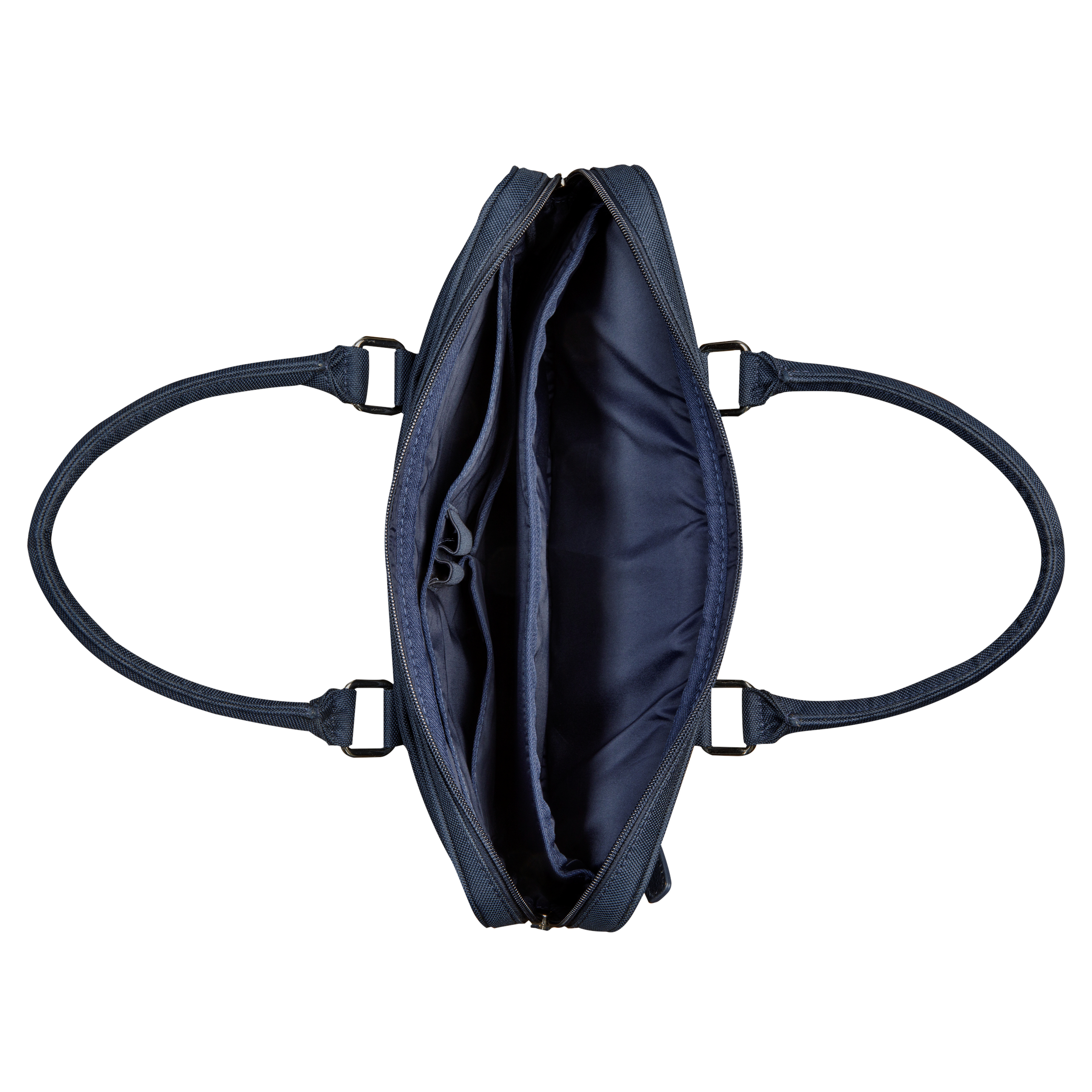 Borsa per laptop blu navy aperta con manici. All'interno, ci sono più scomparti.