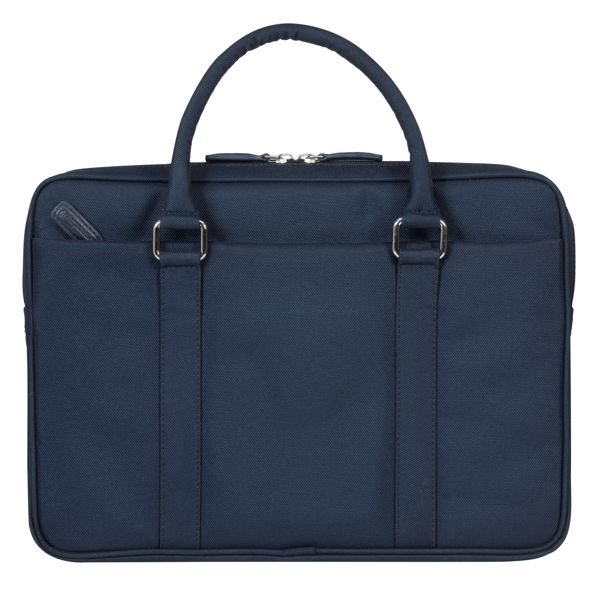 Una borsa per laptop blu navy con finiture argentate. Ha una maniglia e una cerniera.