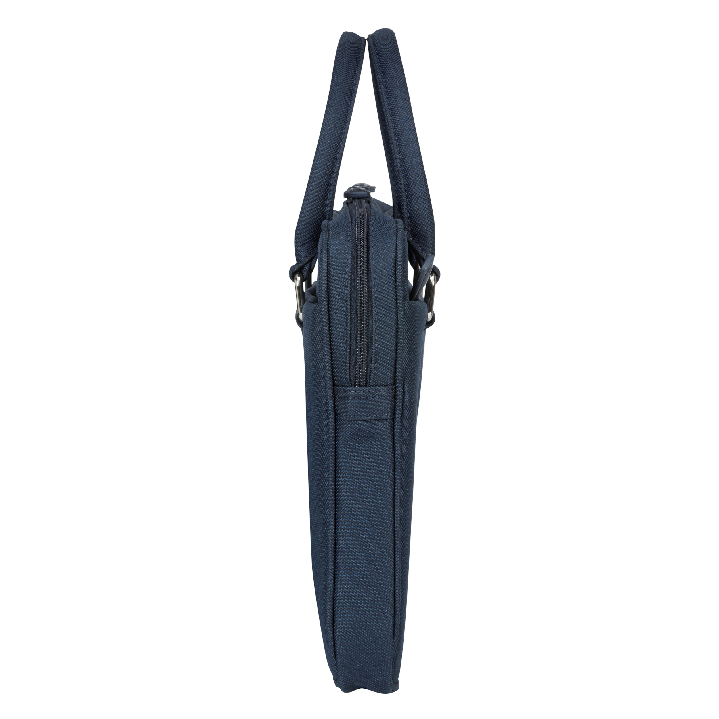 Borsa per laptop blu navy con manici, vista laterale, sfondo bianco. Chiusura con zip e cinghie.