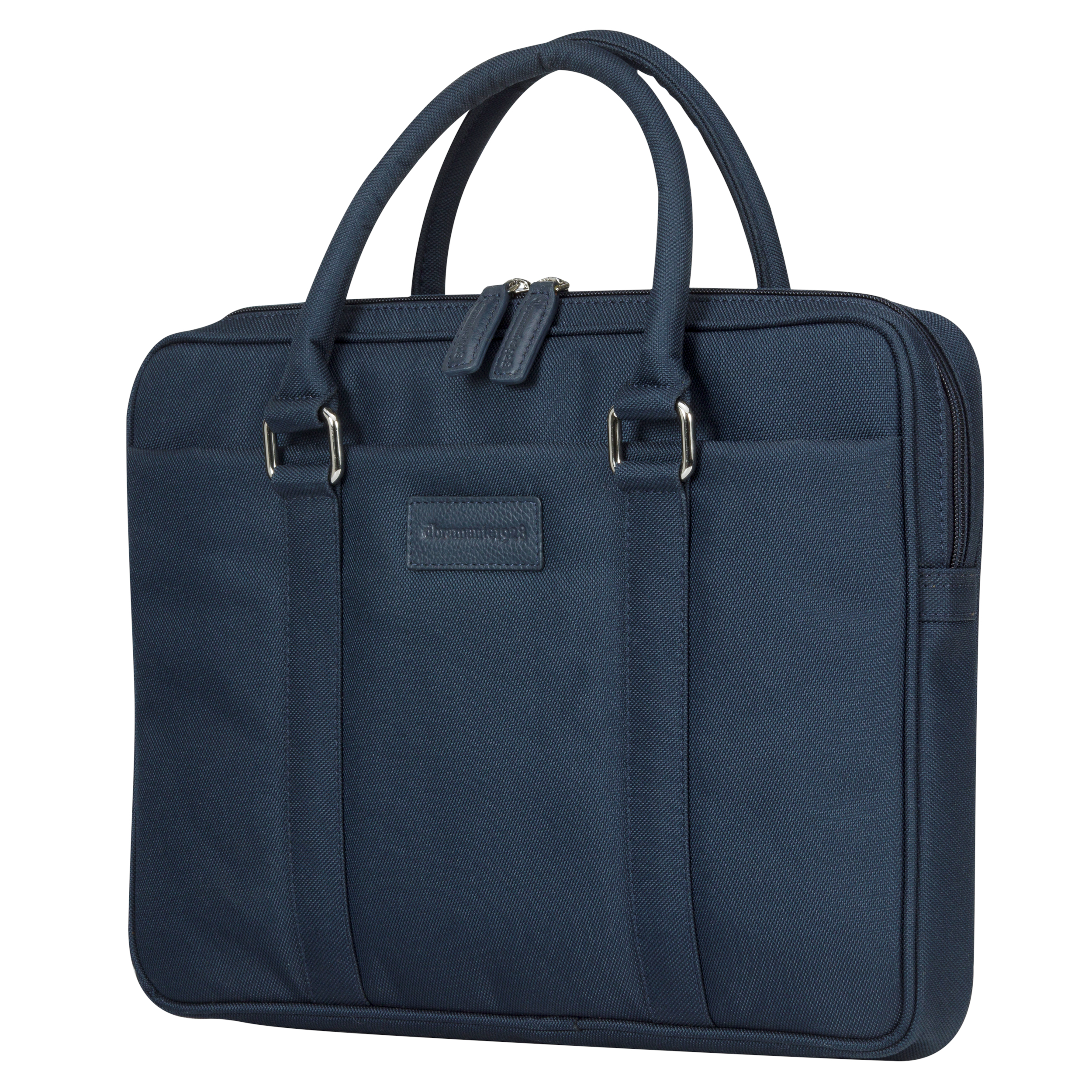 Una valigetta blu navy con manico e sfondo bianco.