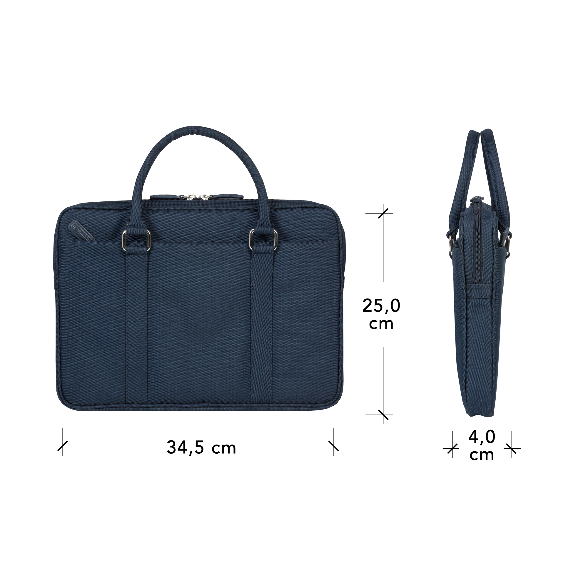 Borsa per laptop blu con manico e dimensioni. La vista laterale mostra lo spessore.