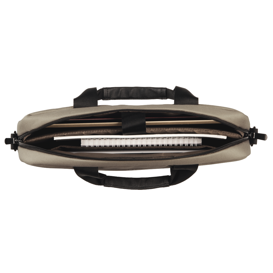 Otwarta torba na laptopa z dokumentami i notatnikiem.