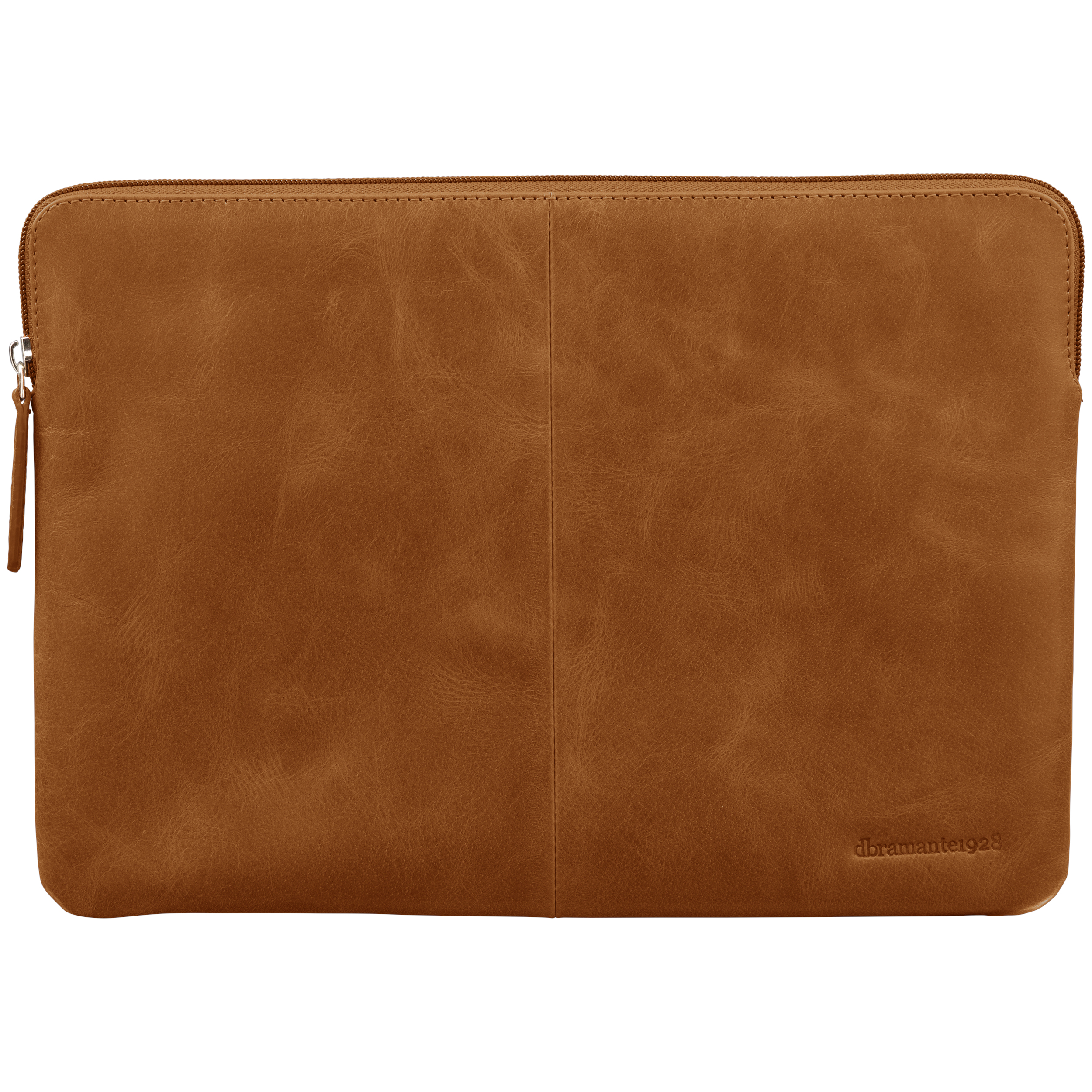 Custodia per laptop in pelle marrone con chiusura a zip. Il marchio "dramante1928" è visibile.