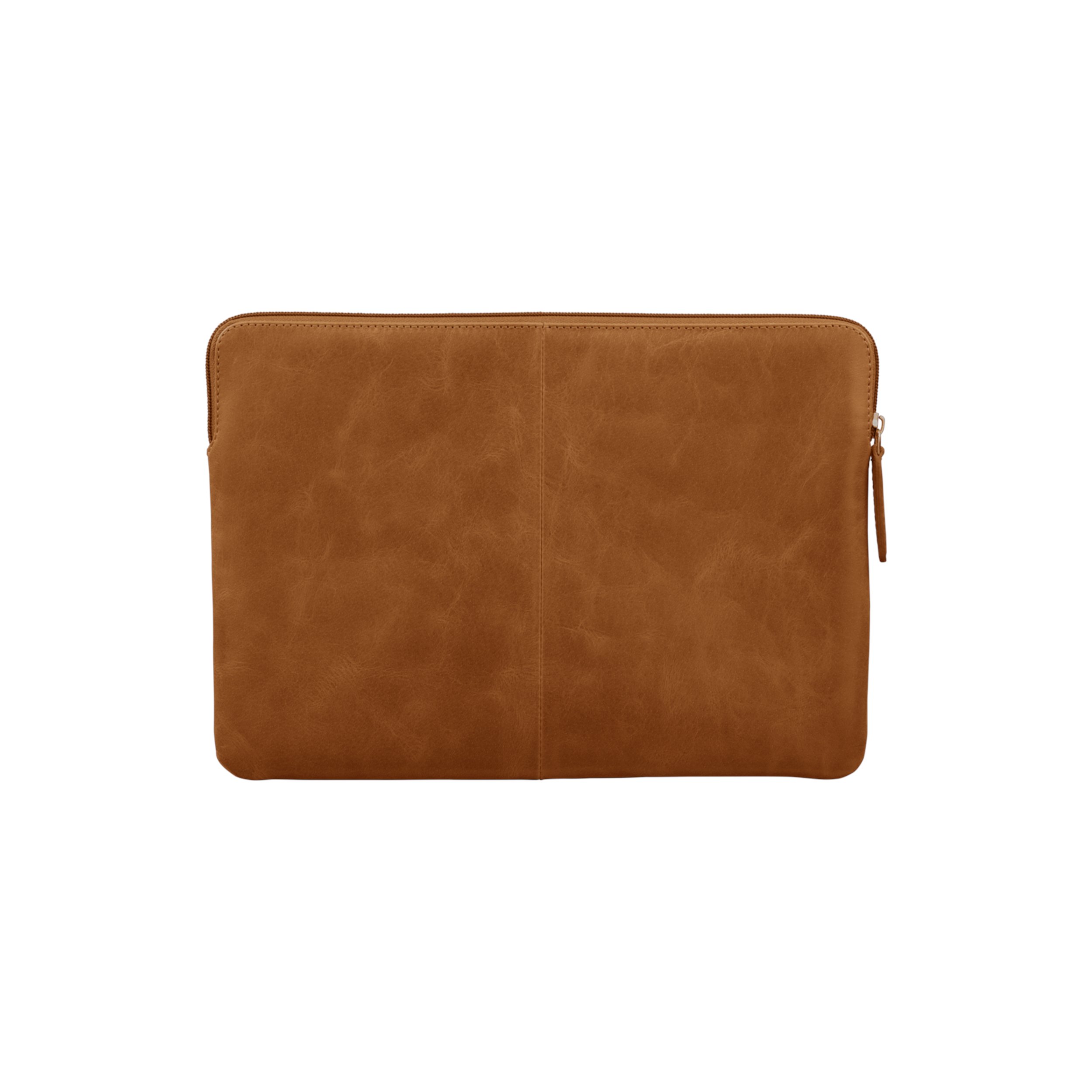 Custodia per laptop in pelle marrone, forma rettangolare, con zip.
