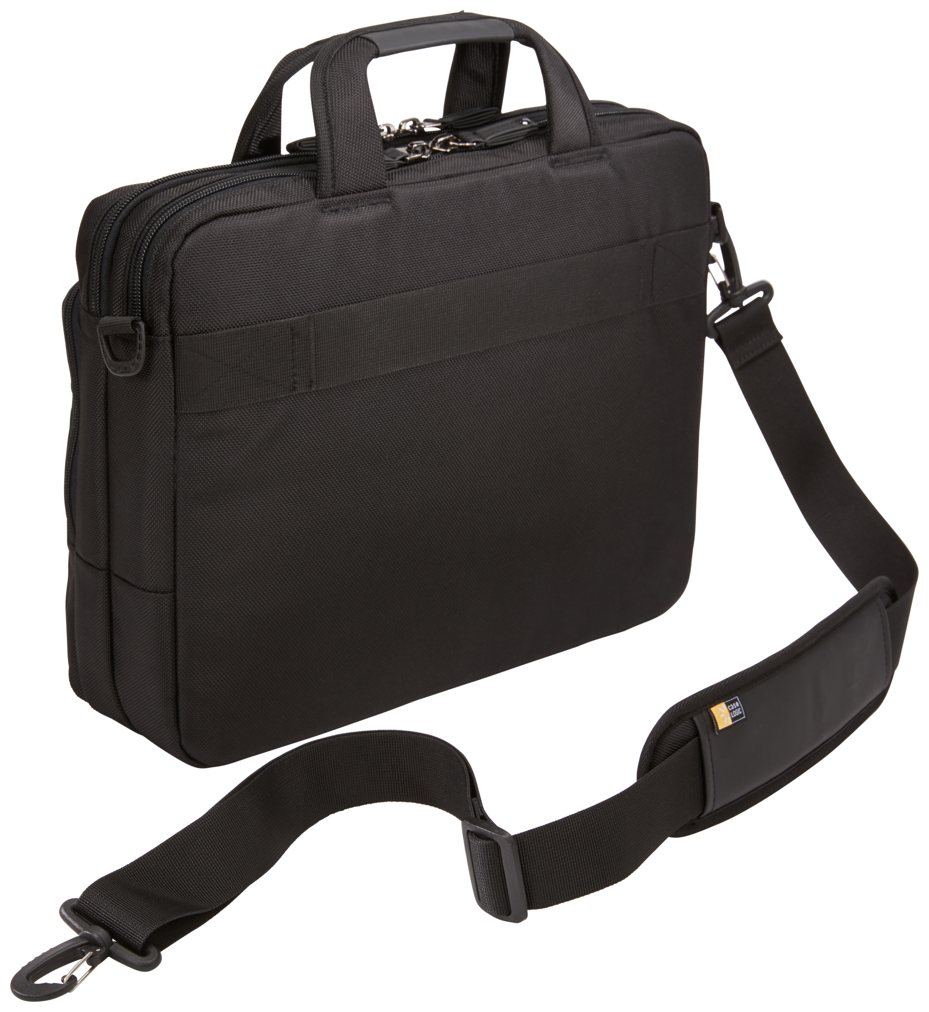 Een zwarte laptoptas met een schouderriem en een handvat aan de bovenkant. De tas is gesloten.