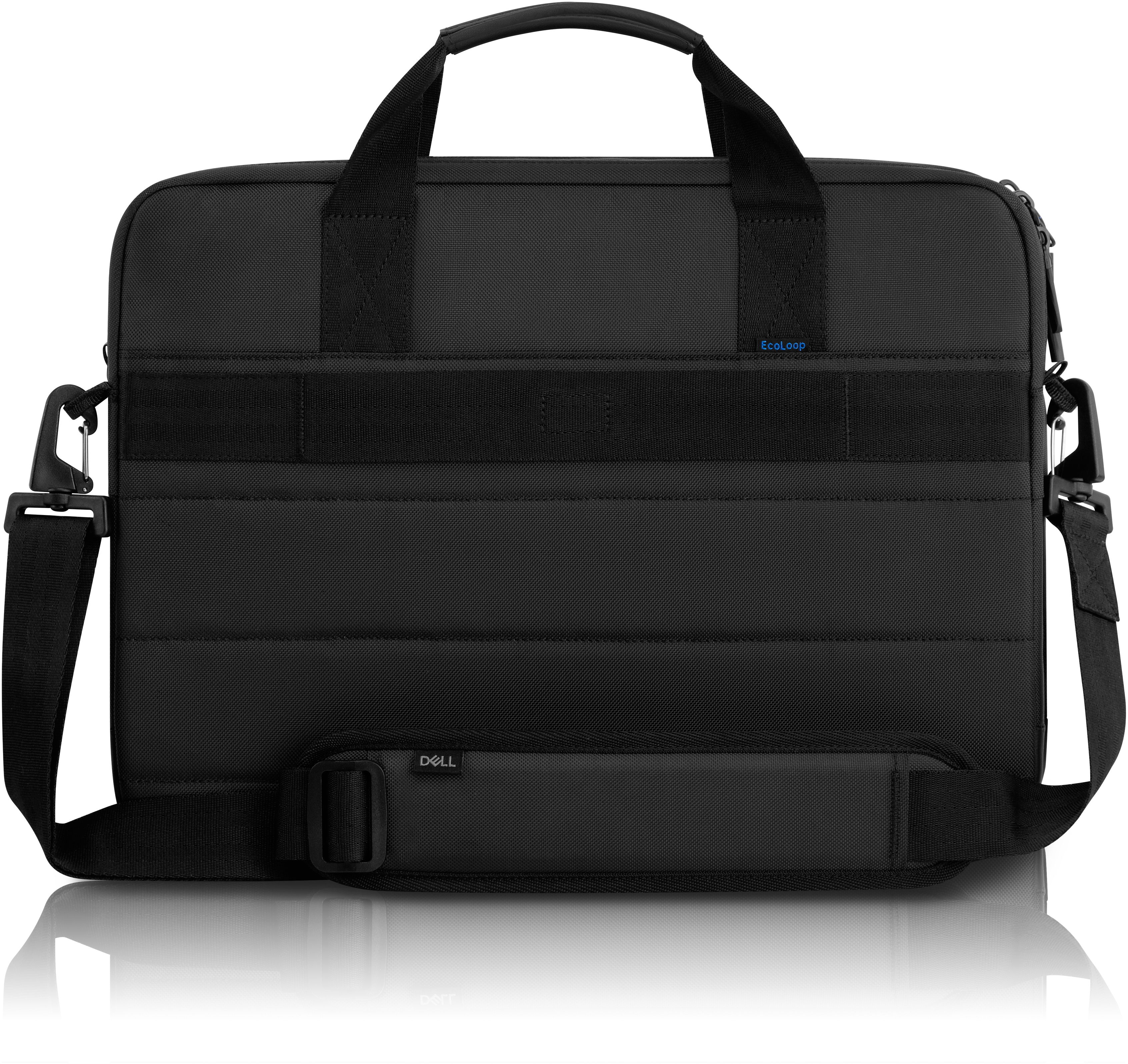 Bolso negro para portátil con asa y correa. Cuenta con un logotipo de DELL y una superficie reflectante.