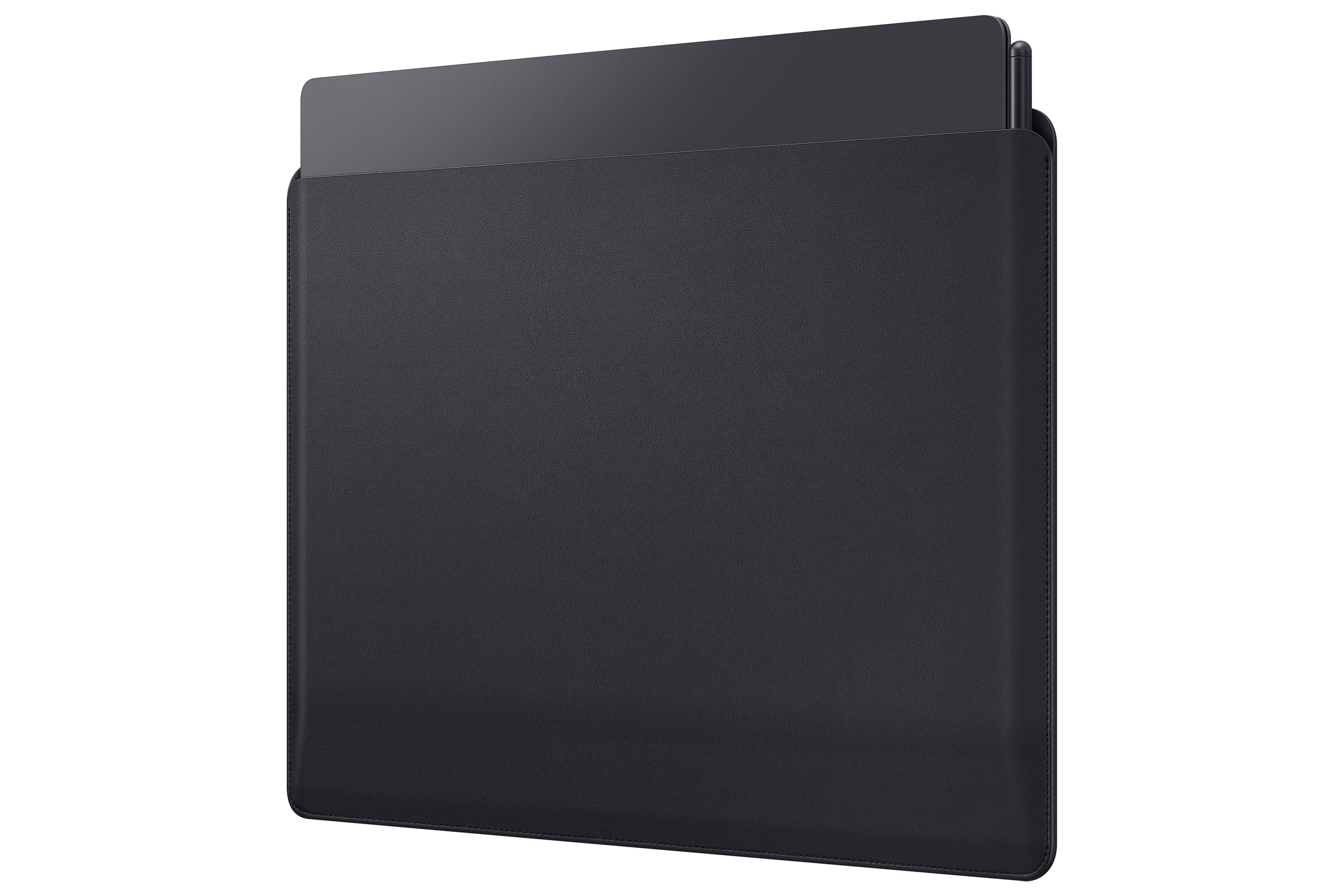 Custodia per tablet in pelle nera con tablet parzialmente inserito.