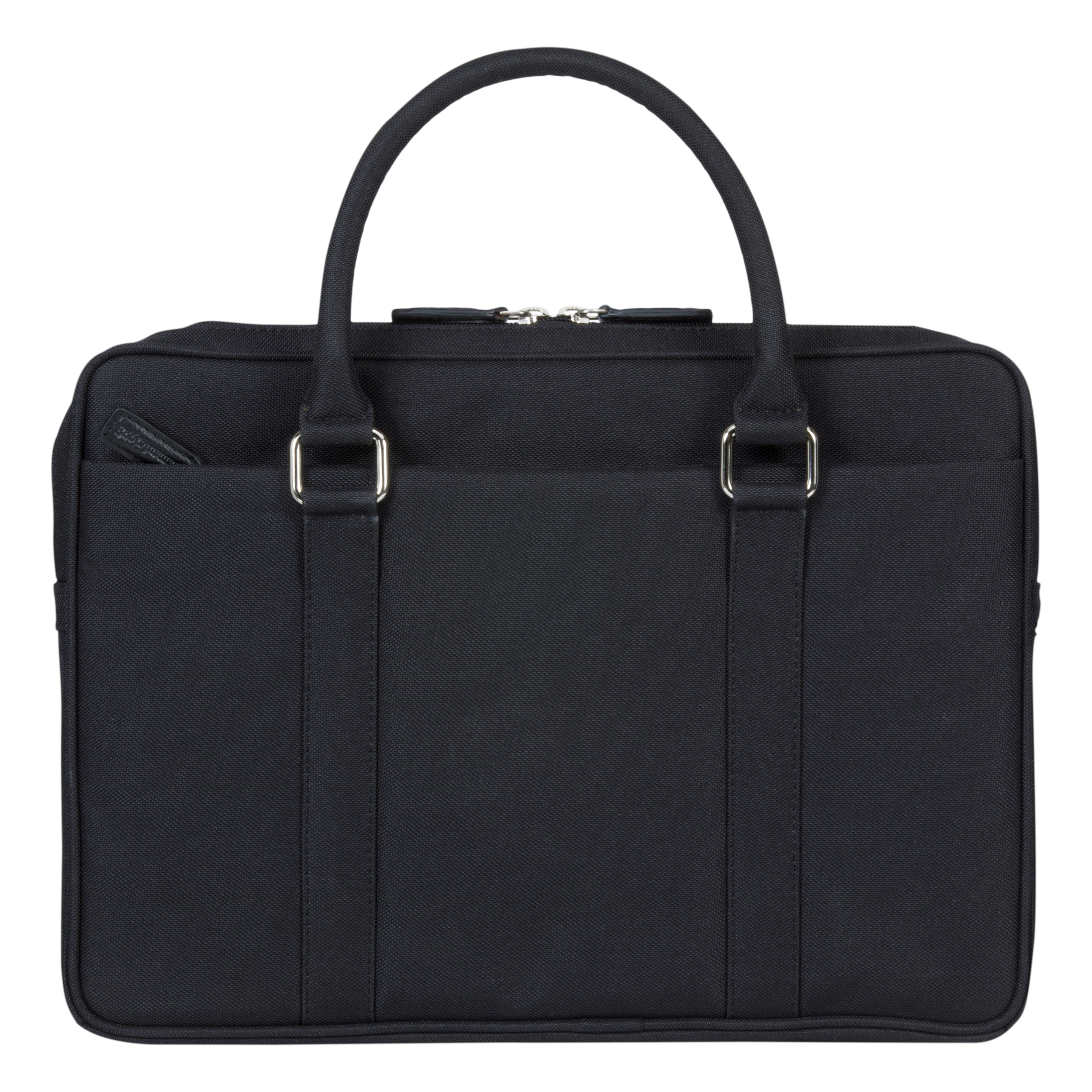 Una borsa per laptop nera con due manici e una tracolla, con il logo del marchio.