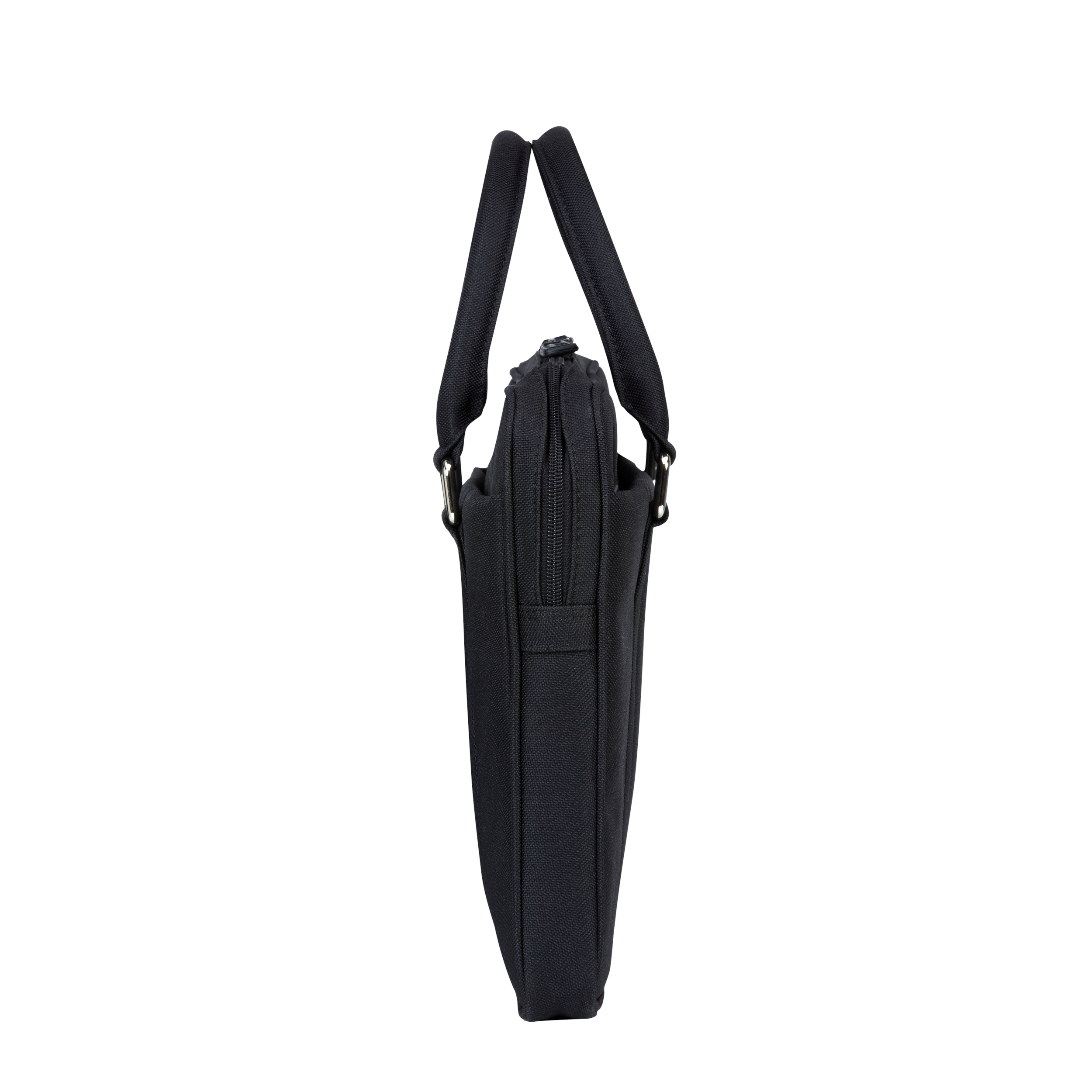 Borsa per laptop nera con manico. Vista laterale. Sfondo nero.
