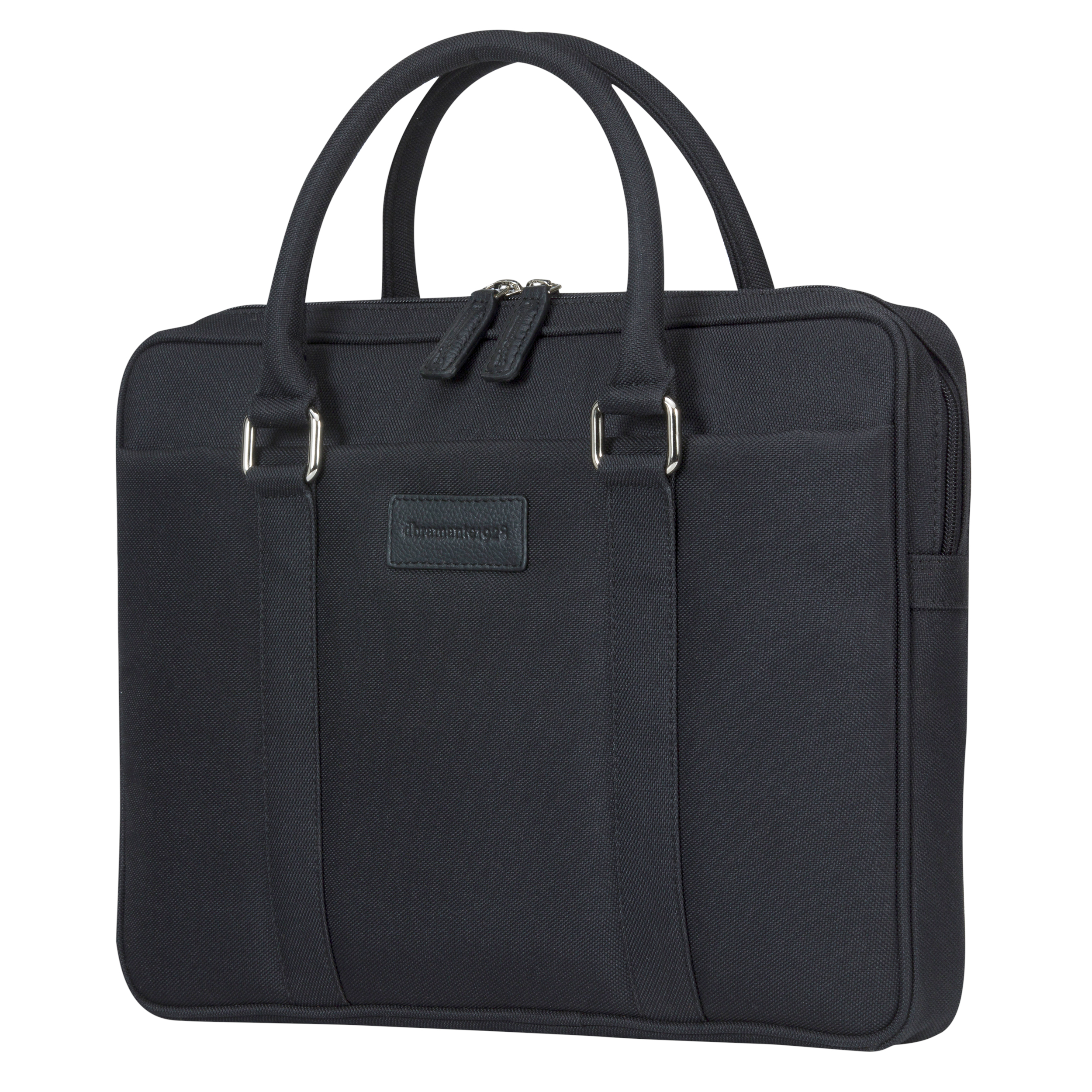 Borsa per laptop nera con manico, due cerniere e marchio. Sfondo bianco.