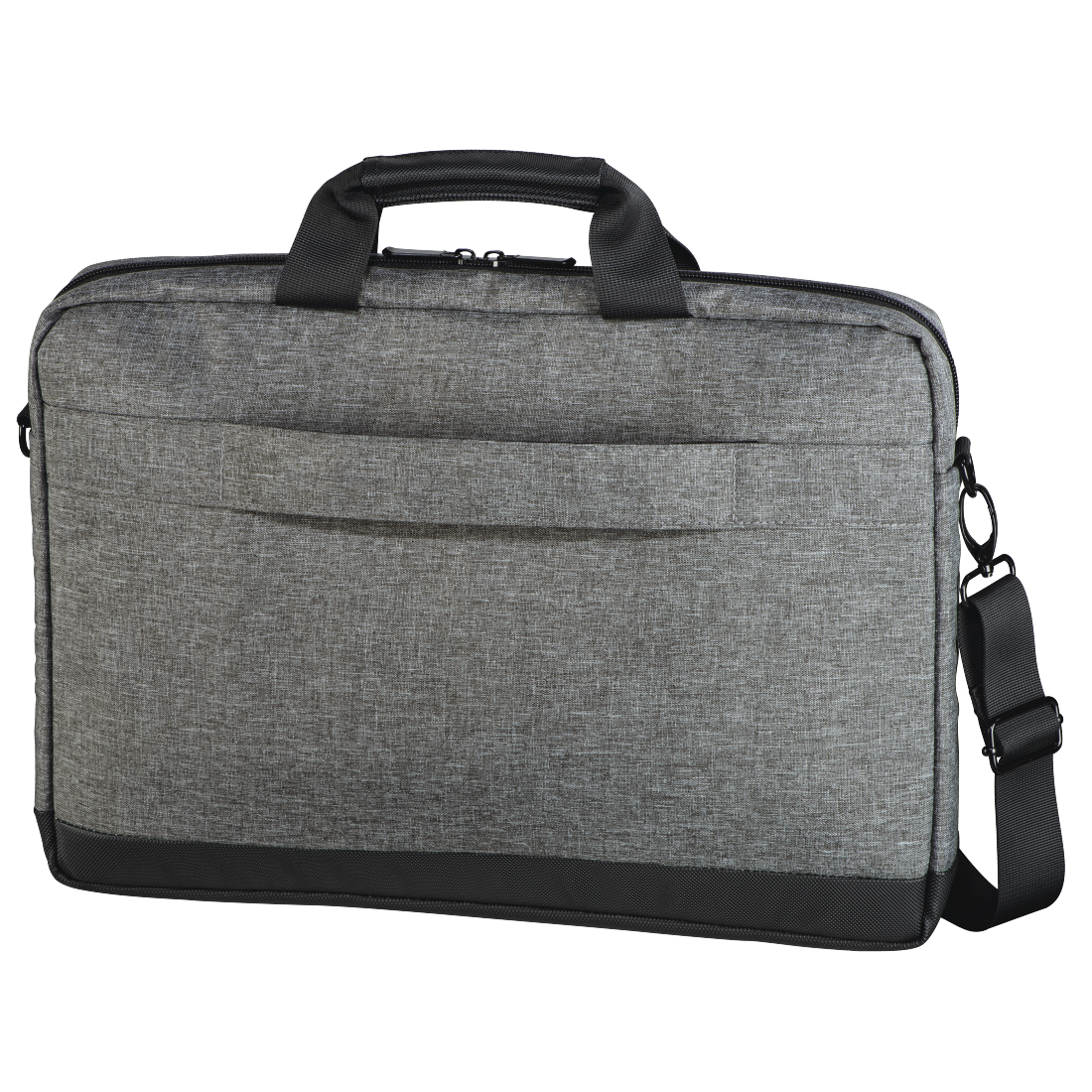Eine graue Laptoptasche mit einem schwarzen Griff und einem Schultergurt. Sie hat eine Vordertasche und einen Reißverschluss.