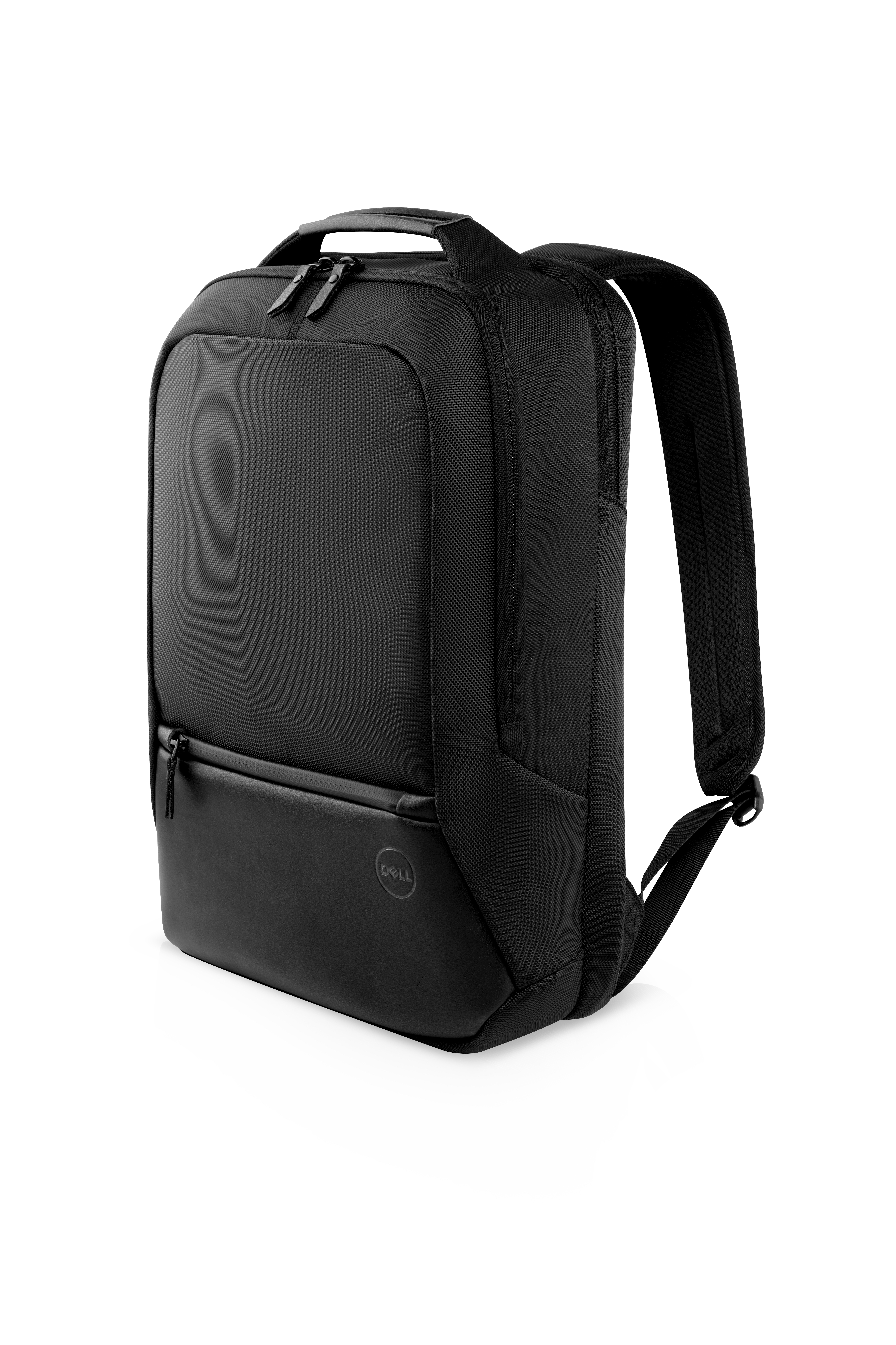 Zaino nero per laptop Dell con logo Dell. Ha una tasca frontale e due spallacci.