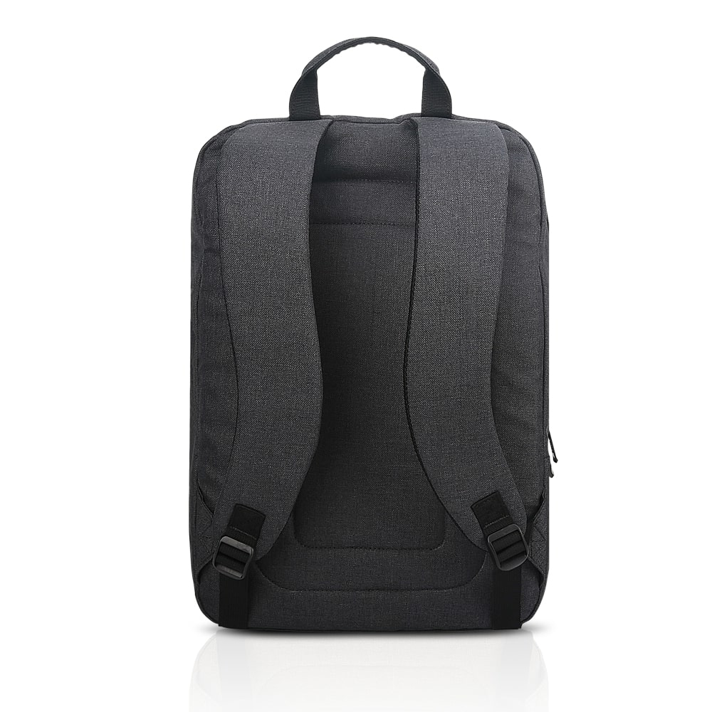 Dunkelgrauer Rucksack mit Schultergurten und Griff, von hinten gesehen, auf weißem Hintergrund.