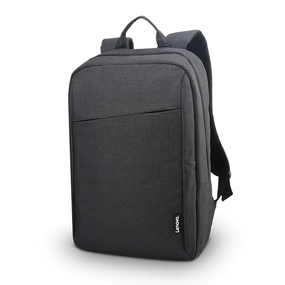 Ein dunkelgrauer Lenovo-Rucksack mit einer einzelnen Vordertasche. Lenovo-Logo sichtbar.