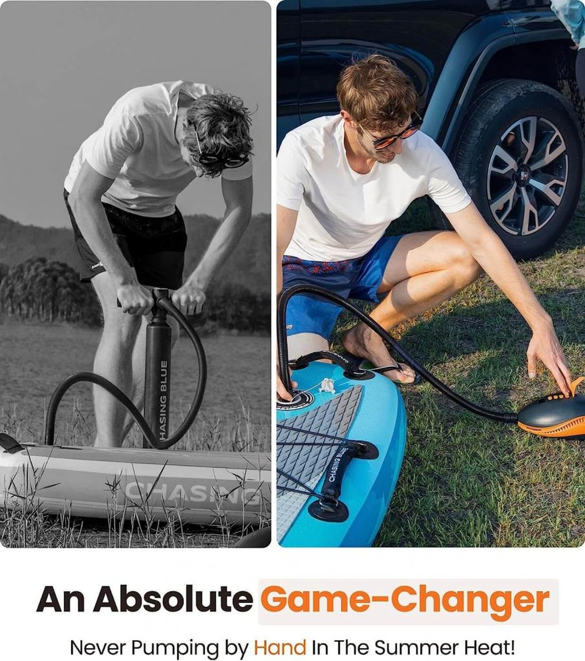 Geteiltes Bild. Eine Person pumpt Luft in ein Paddleboard. Text: Ein absoluter Game-Changer, und nie von Hand pumpen.