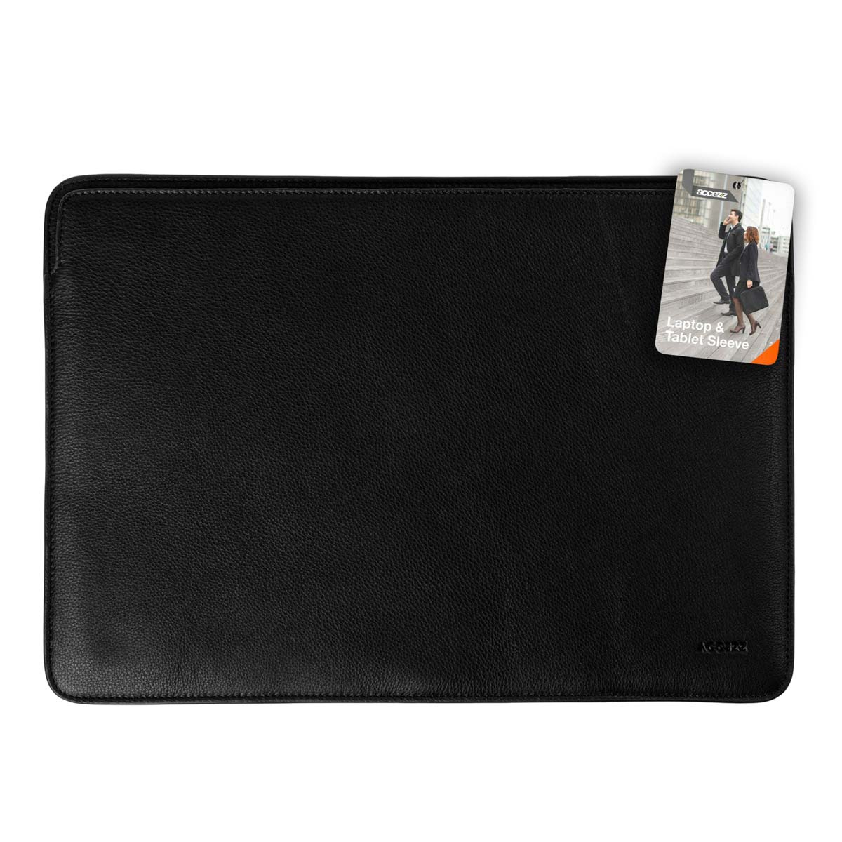 Black leather laptop sleeve with a tag on the top-right corner. White background.