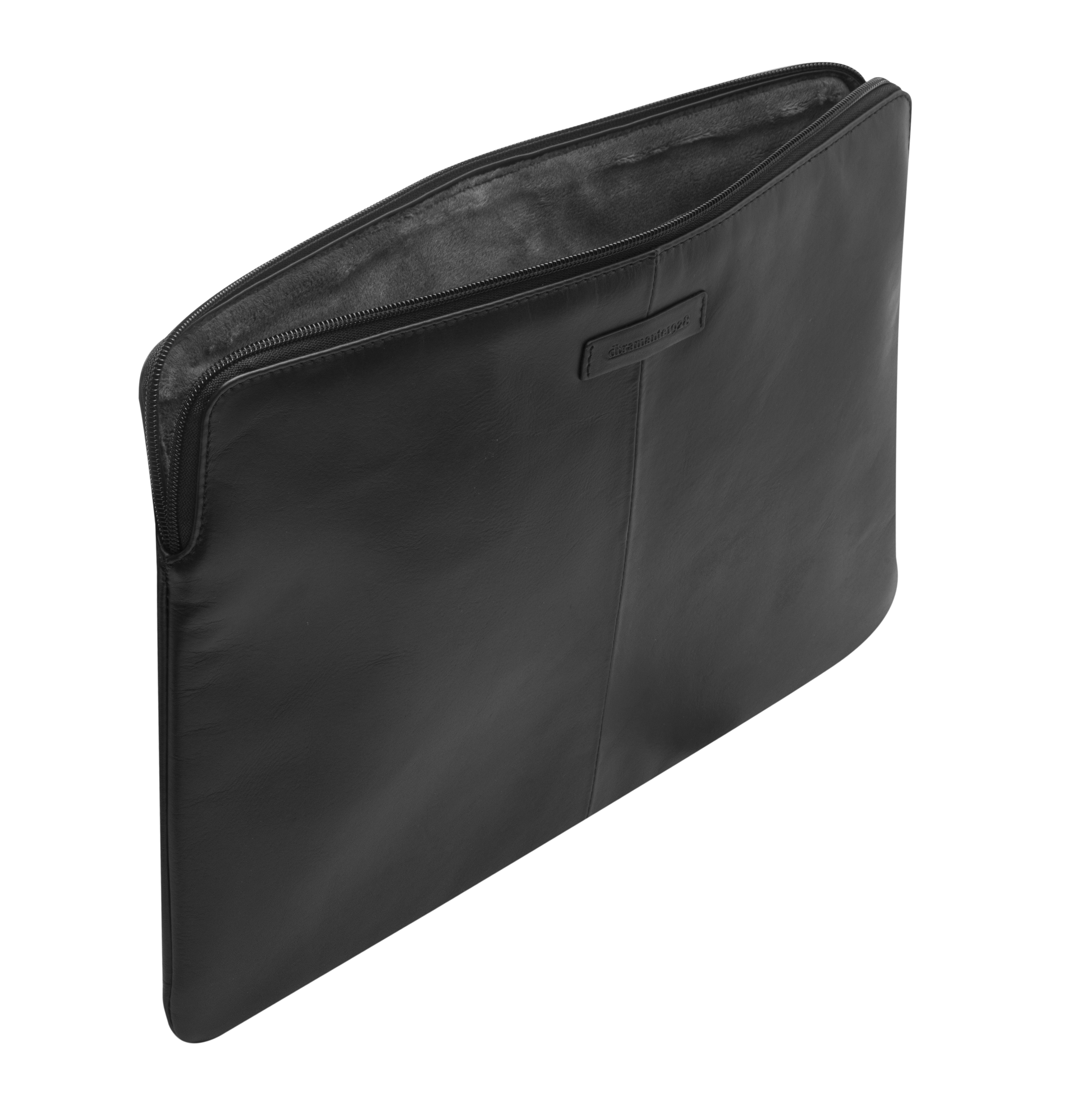 Custodia per laptop in pelle nera, aperta. La cerniera è visibile e l'interno è grigio chiaro.