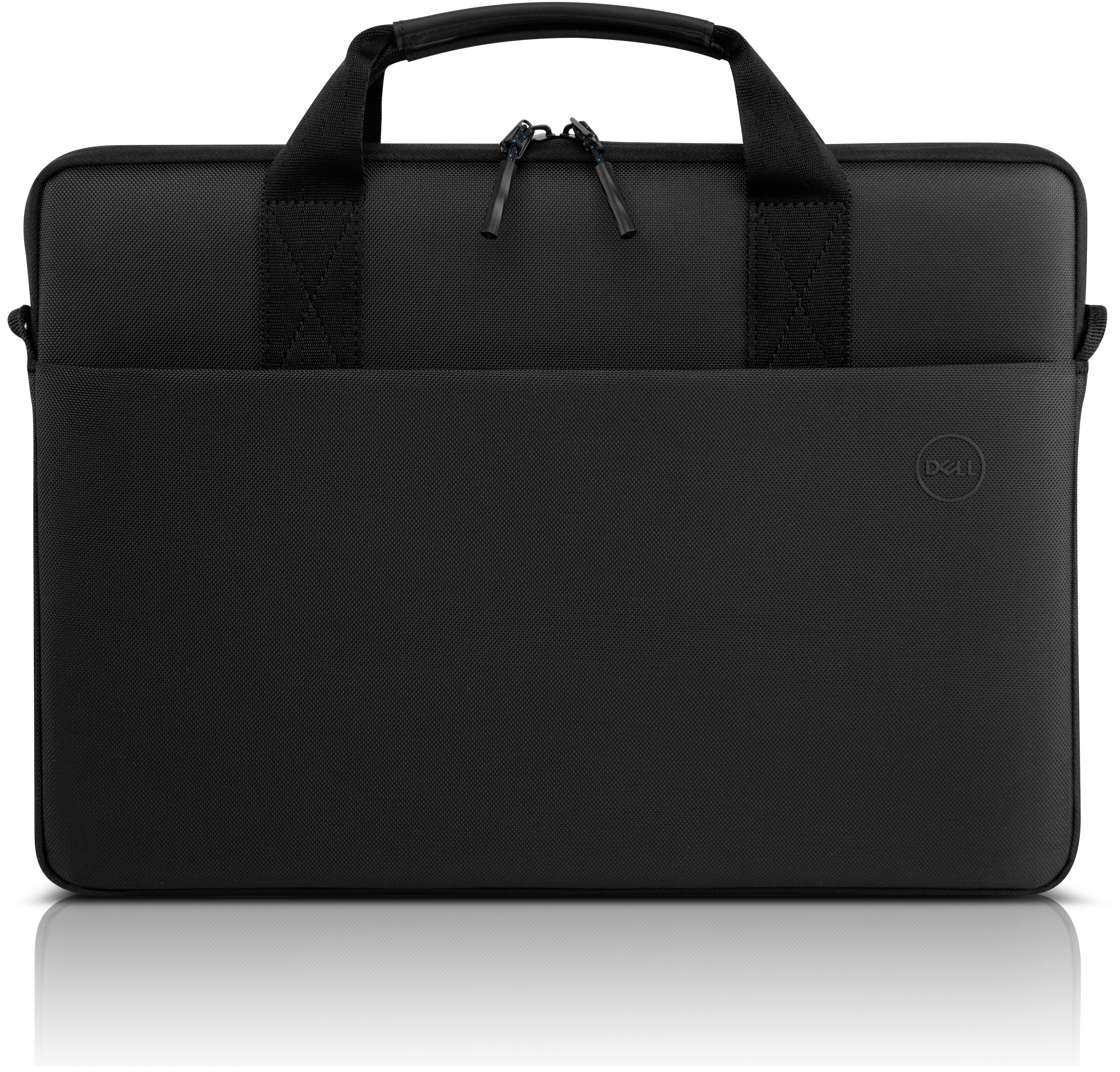 Borsa nera per laptop con manici e tasca frontale. Logo Dell frontale.