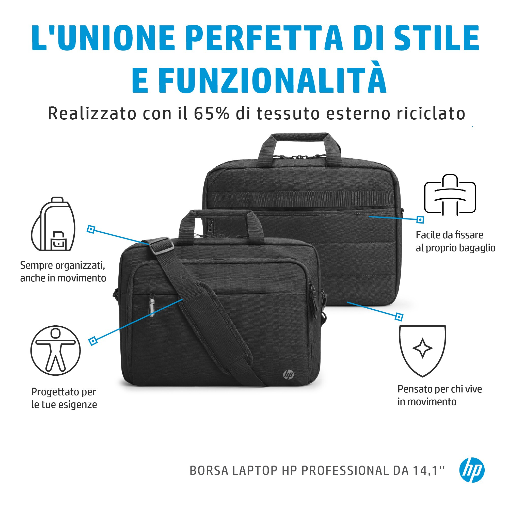 Schwarze HP Laptoptaschen, eine mit Riemen, mit Symbolen und Text auf Italienisch.