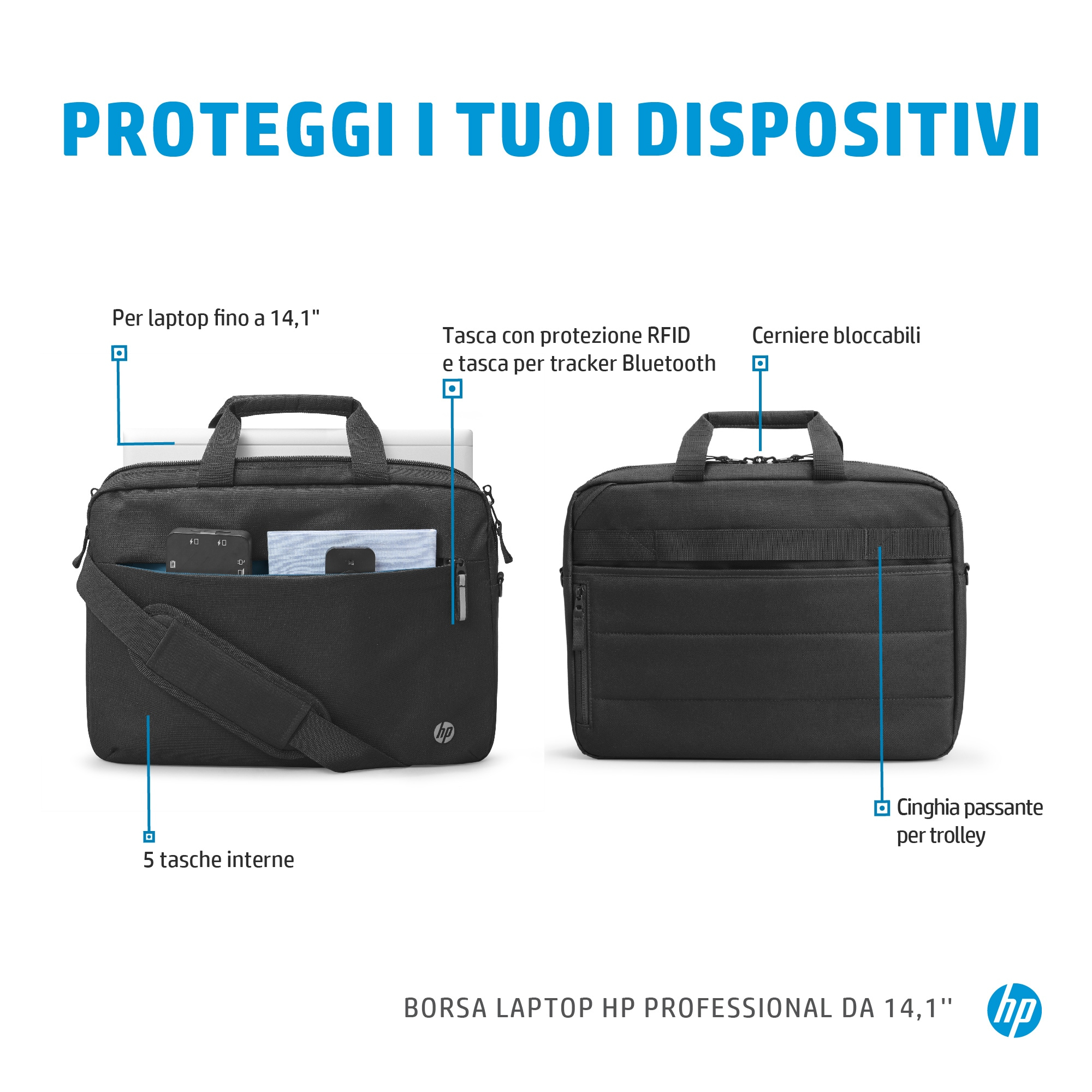 HP Laptop-Taschendesign mit Taschen, Reißverschluss und Text auf Italienisch.