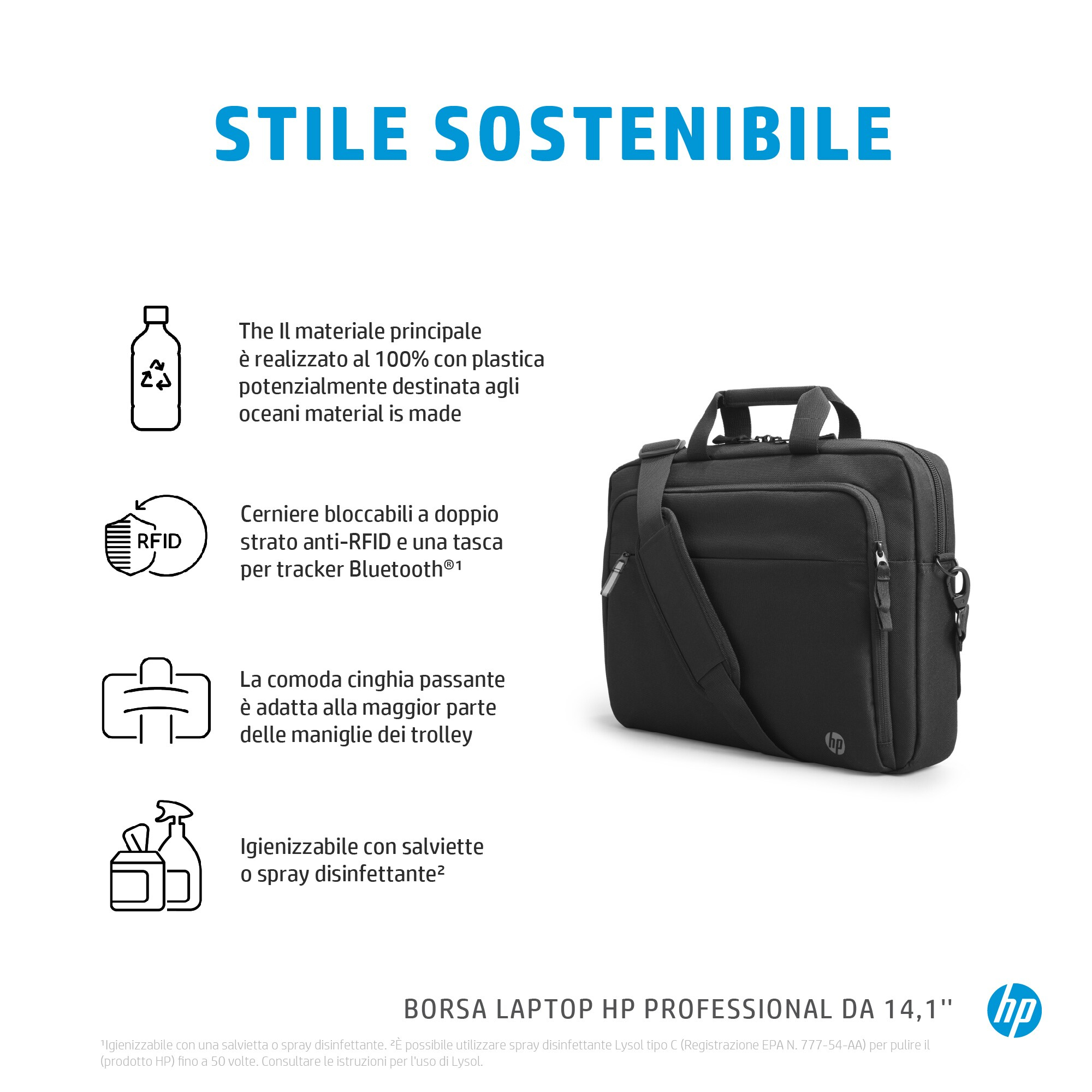 Schwarze HP Laptoptasche mit Text und Symbolen, die nachhaltige Materialien und Funktionen beschreiben. Weißer Hintergrund.