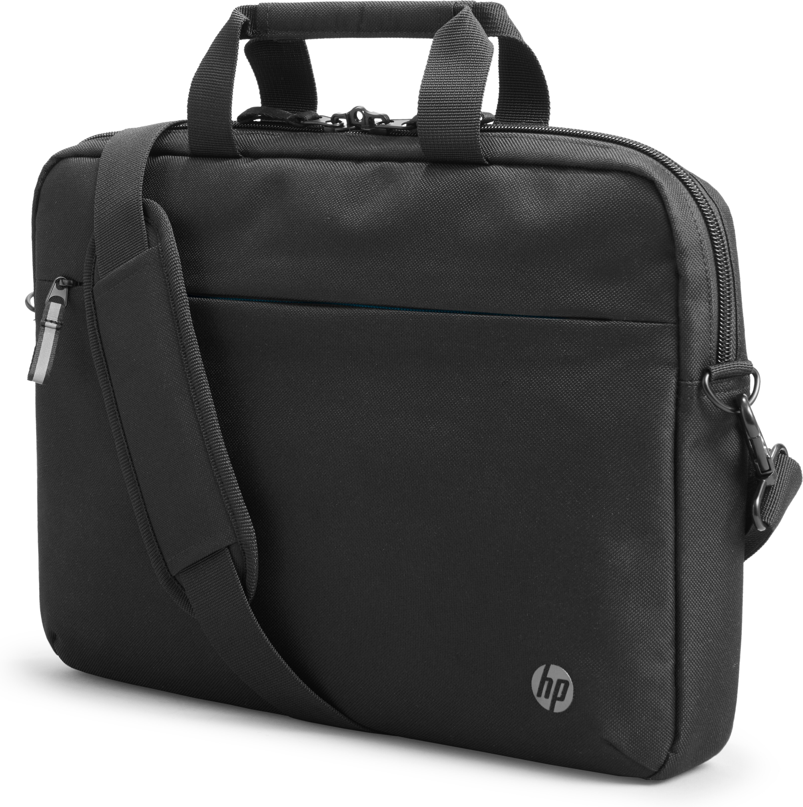 Schwarze Laptoptasche mit Schultergurt, Vordertasche und HP-Logo an der Seite.