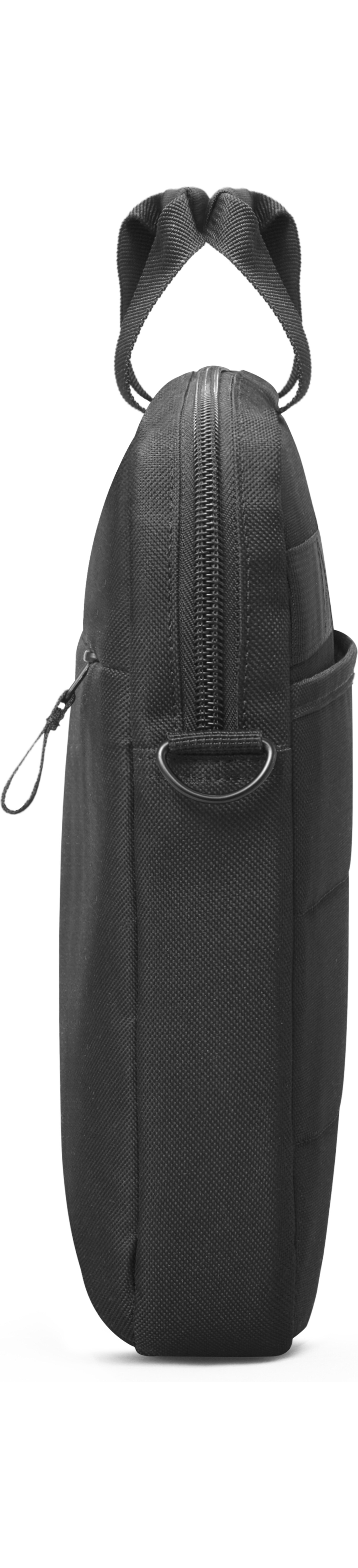 Eine schwarze Laptoptasche, Seitenansicht, mit Griff, Reißverschluss und einem Ring.